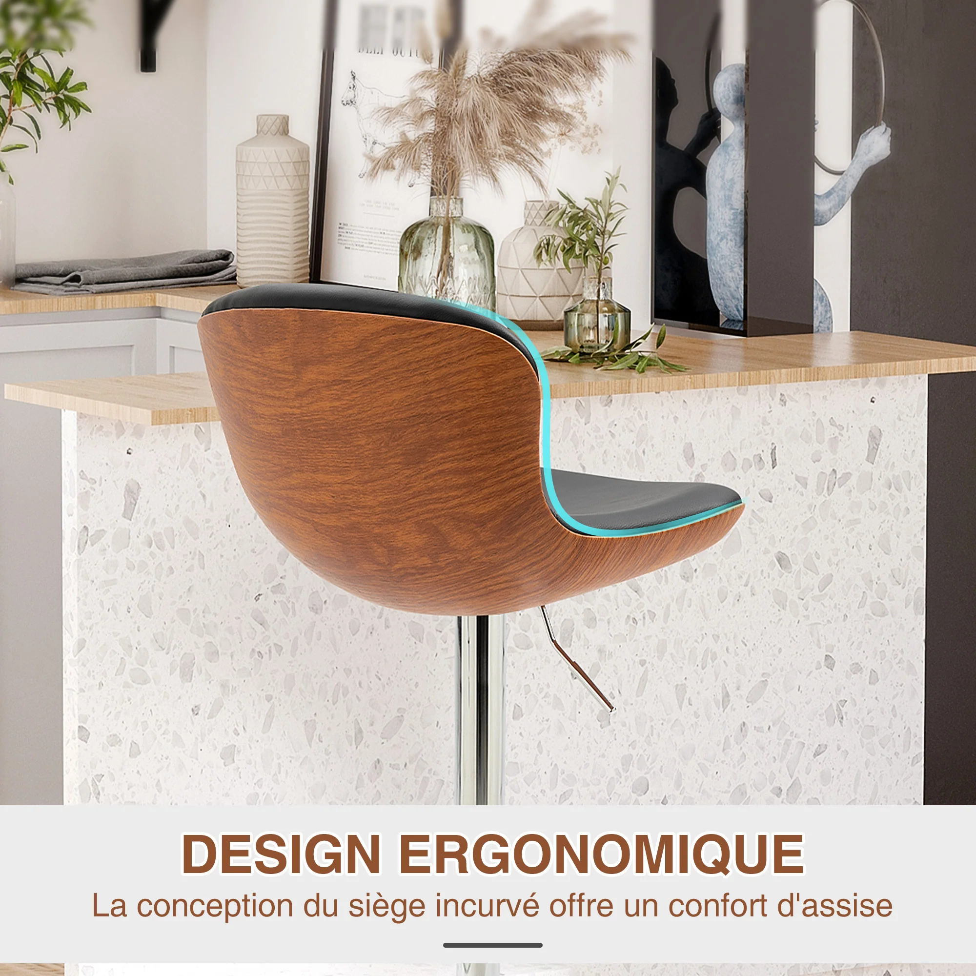 Lot de 2 Tabouret de Bar Design Contemporain Hauteur d'assise réglable 64-85 cm pivotant 360° revêtement synthétique Noir Imitation Bois - Image 7