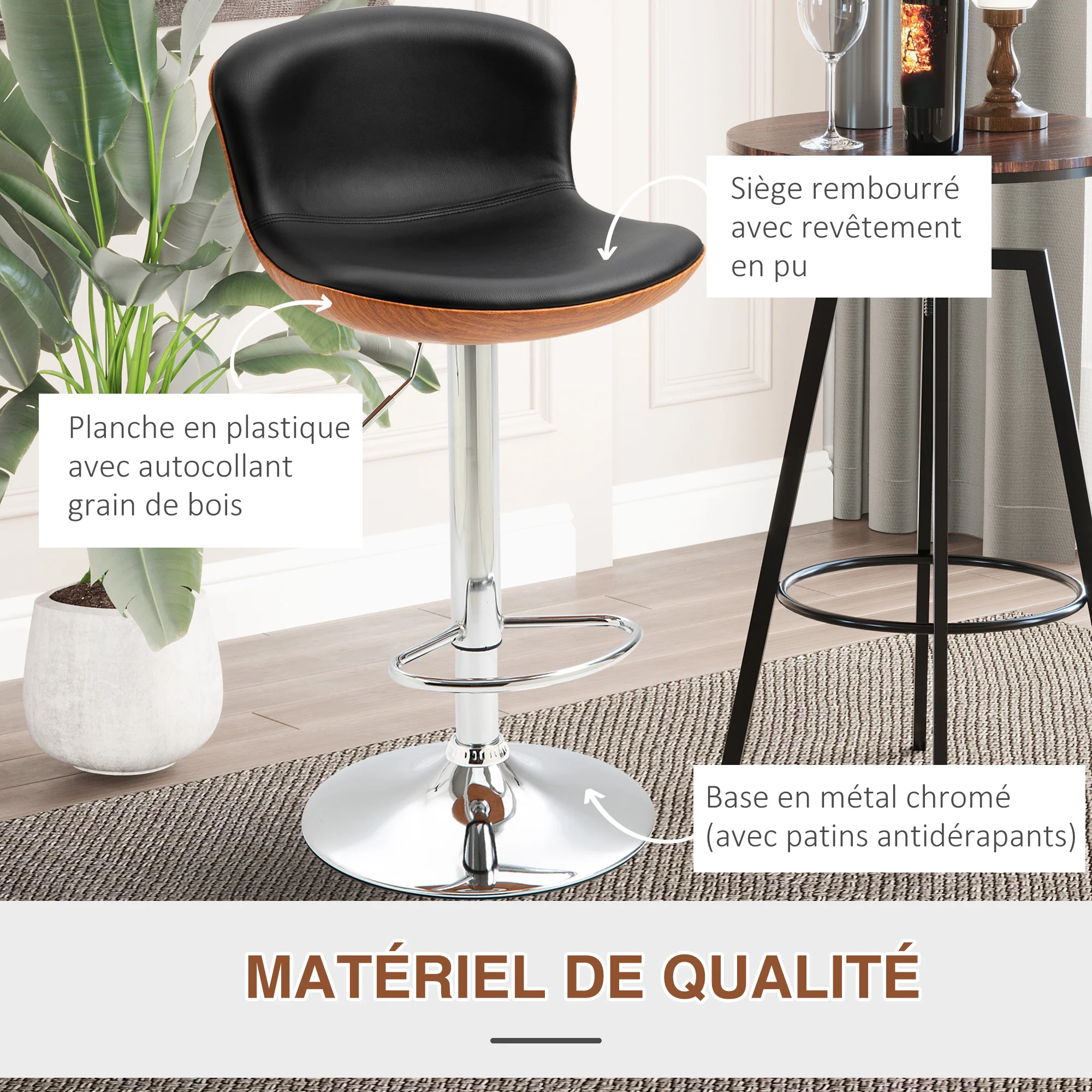 Lot de 2 Tabouret de Bar Design Contemporain Hauteur d'assise réglable 64-85 cm pivotant 360° revêtement synthétique Noir Imitation Bois - Image 8