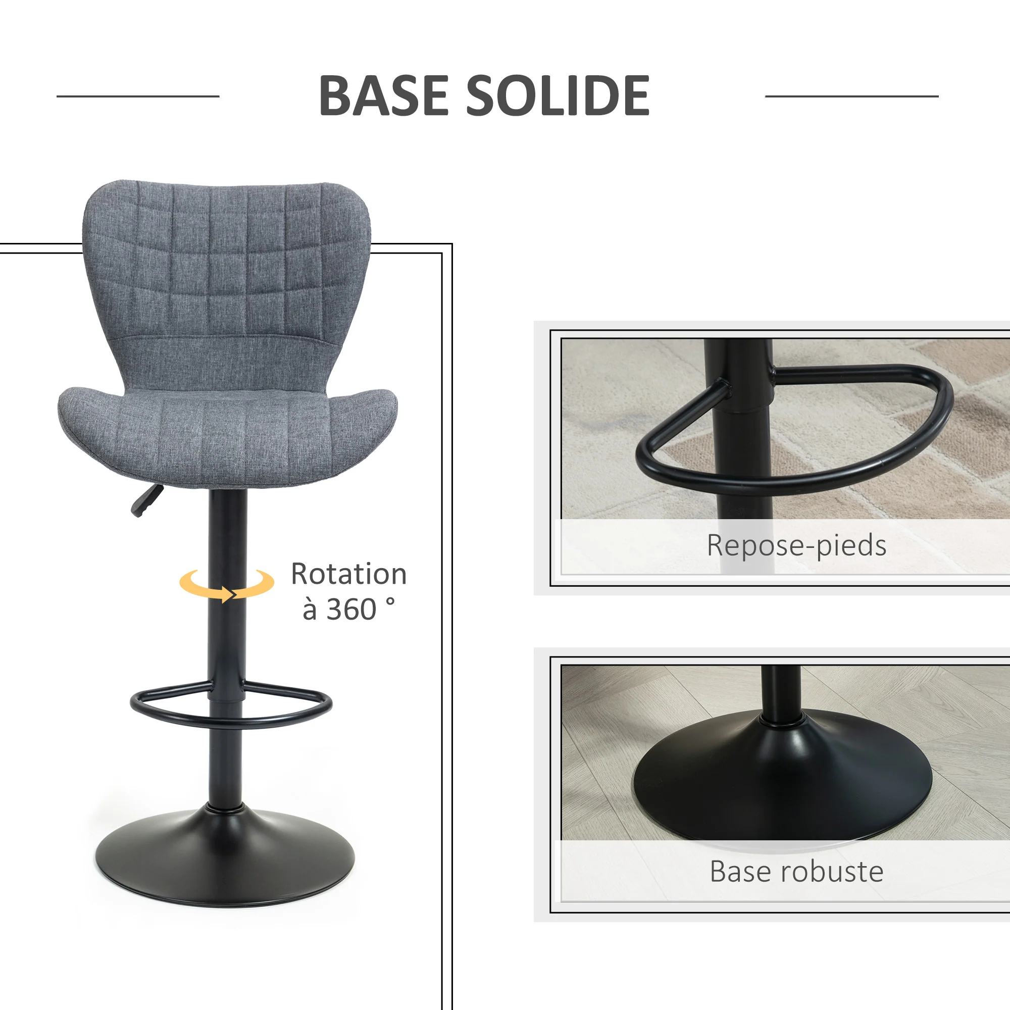 Lot de 2 Tabouret de Bar Design Dossier incurvé capitonné Hauteur d'assise réglable 61-81 cm pivotant 360° Repose-Pied Velours Gris - Image 3