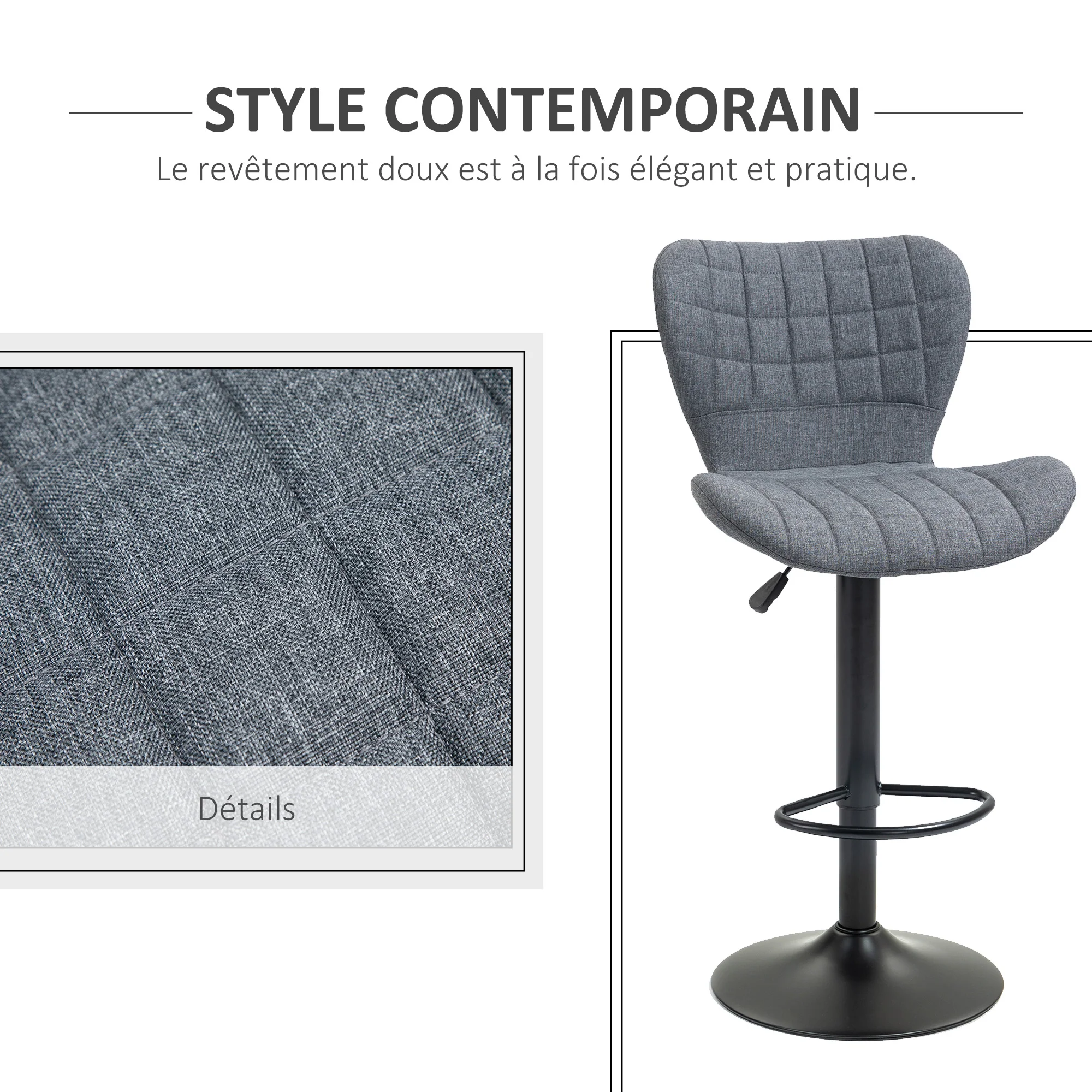 Lot de 2 Tabouret de Bar Design Dossier incurvé capitonné Hauteur d'assise réglable 61-81 cm pivotant 360° Repose-Pied Velours Gris - Image 4