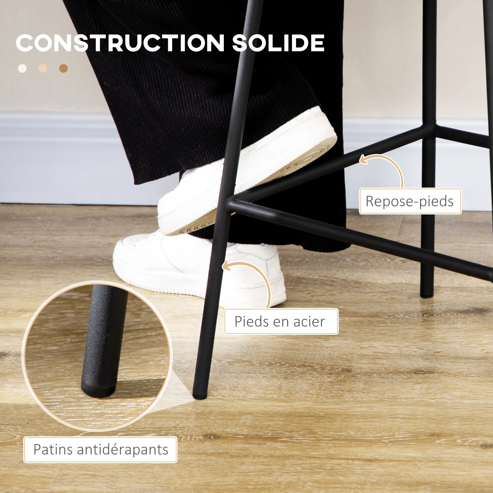 Lot de 2 tabourets de bar chaise de bar design bohème Hauteur 66 cm avec repose-pieds métal et dossier cannage - naturel - Image 6