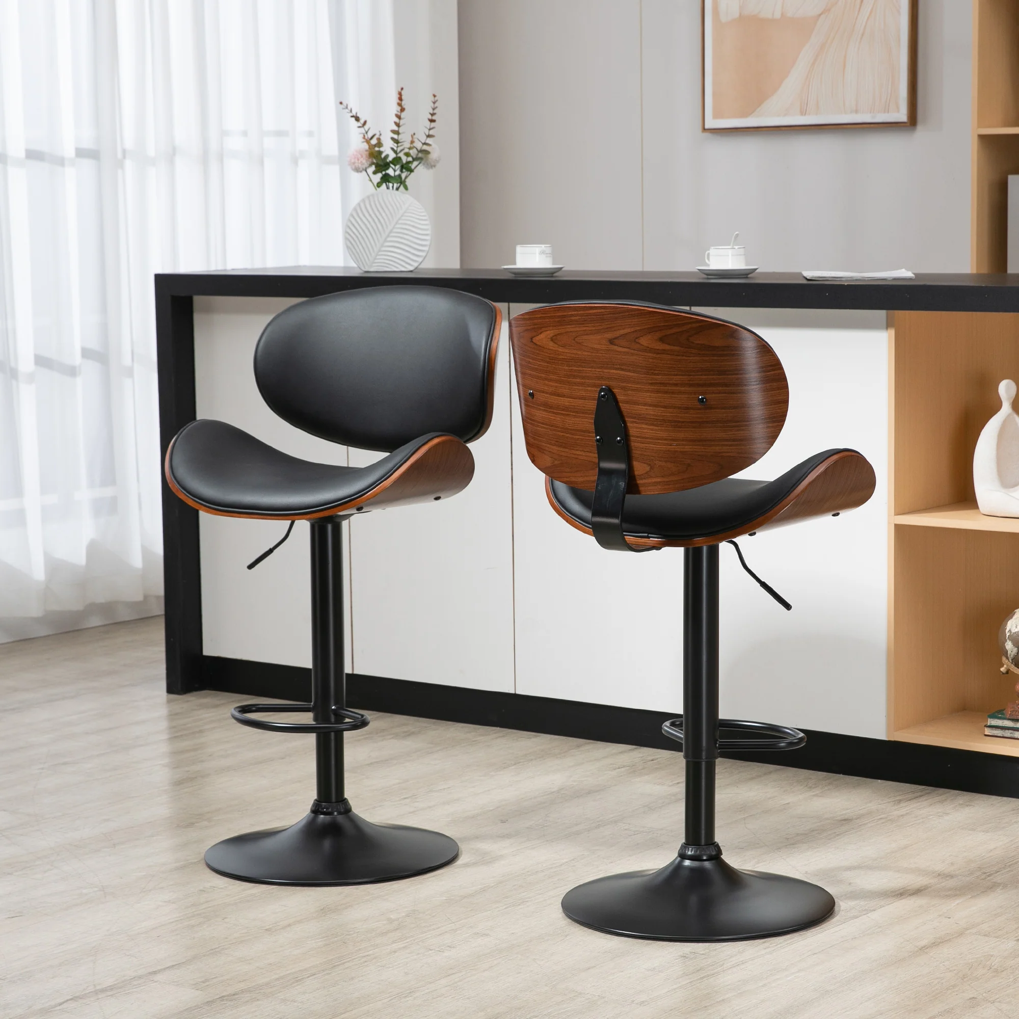 Lot de 2 tabourets de bar chaise de cuisine avec dossier revêtement synthétique hauteur réglable pivotant repose-pied noir - Image 10