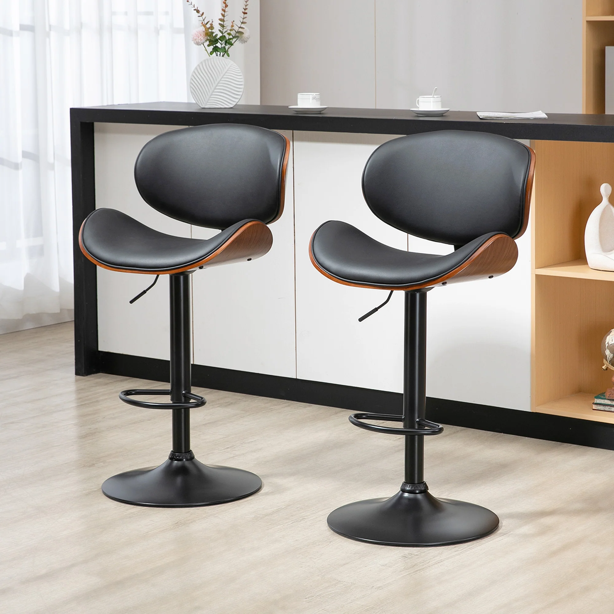 Lot de 2 tabourets de bar chaise de cuisine avec dossier revêtement synthétique hauteur réglable pivotant repose-pied noir - Image 3