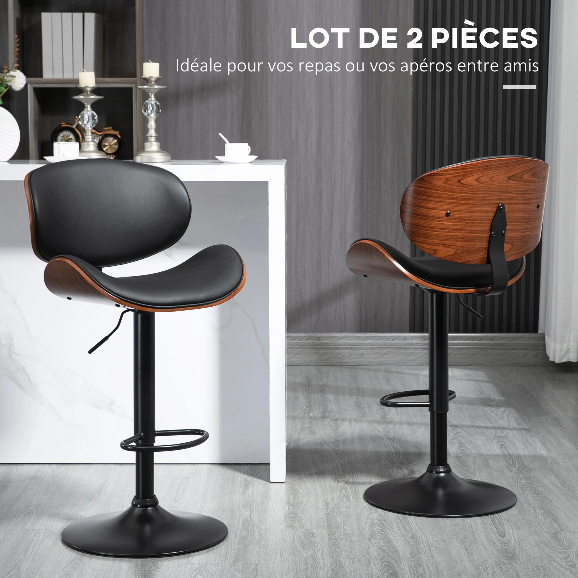 Lot de 2 tabourets de bar chaise de cuisine avec dossier revêtement synthétique hauteur réglable pivotant repose-pied noir - Image 5