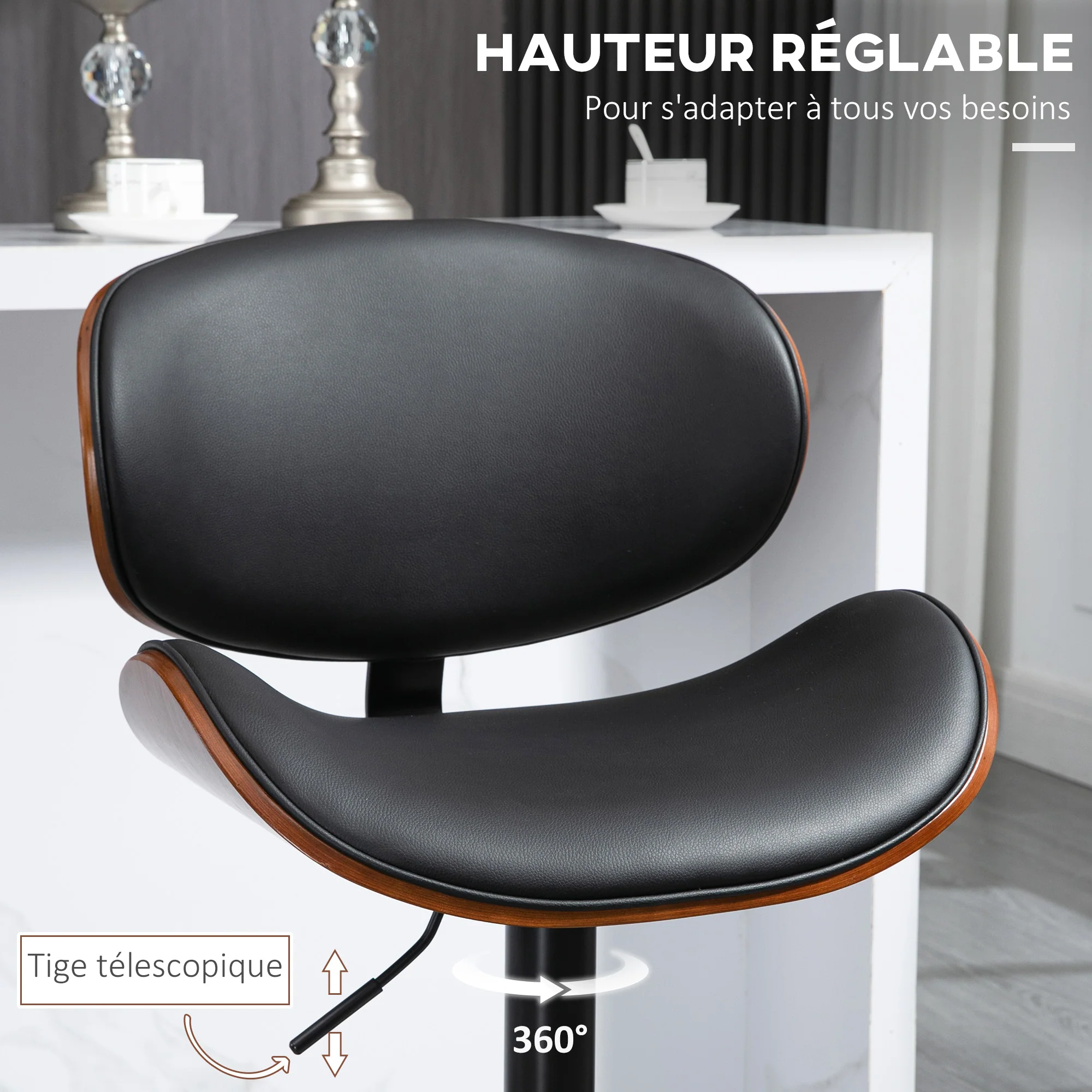 Lot de 2 tabourets de bar chaise de cuisine avec dossier revêtement synthétique hauteur réglable pivotant repose-pied noir - Image 6