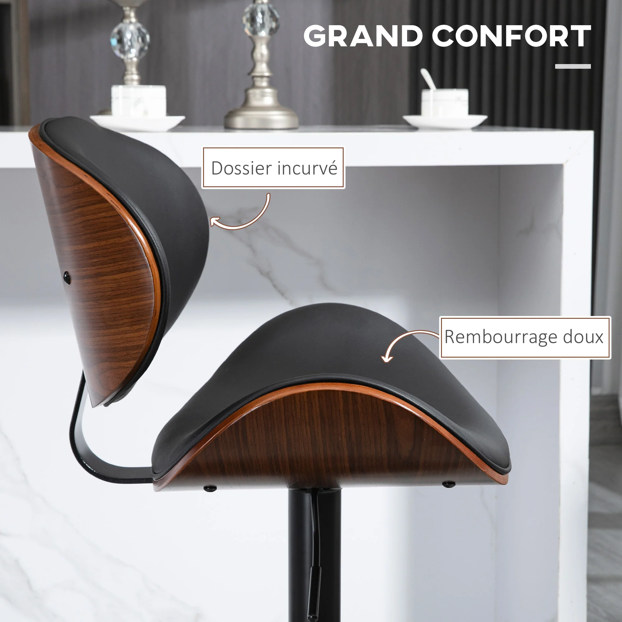 Lot de 2 tabourets de bar chaise de cuisine avec dossier revêtement synthétique hauteur réglable pivotant repose-pied noir - Image 7