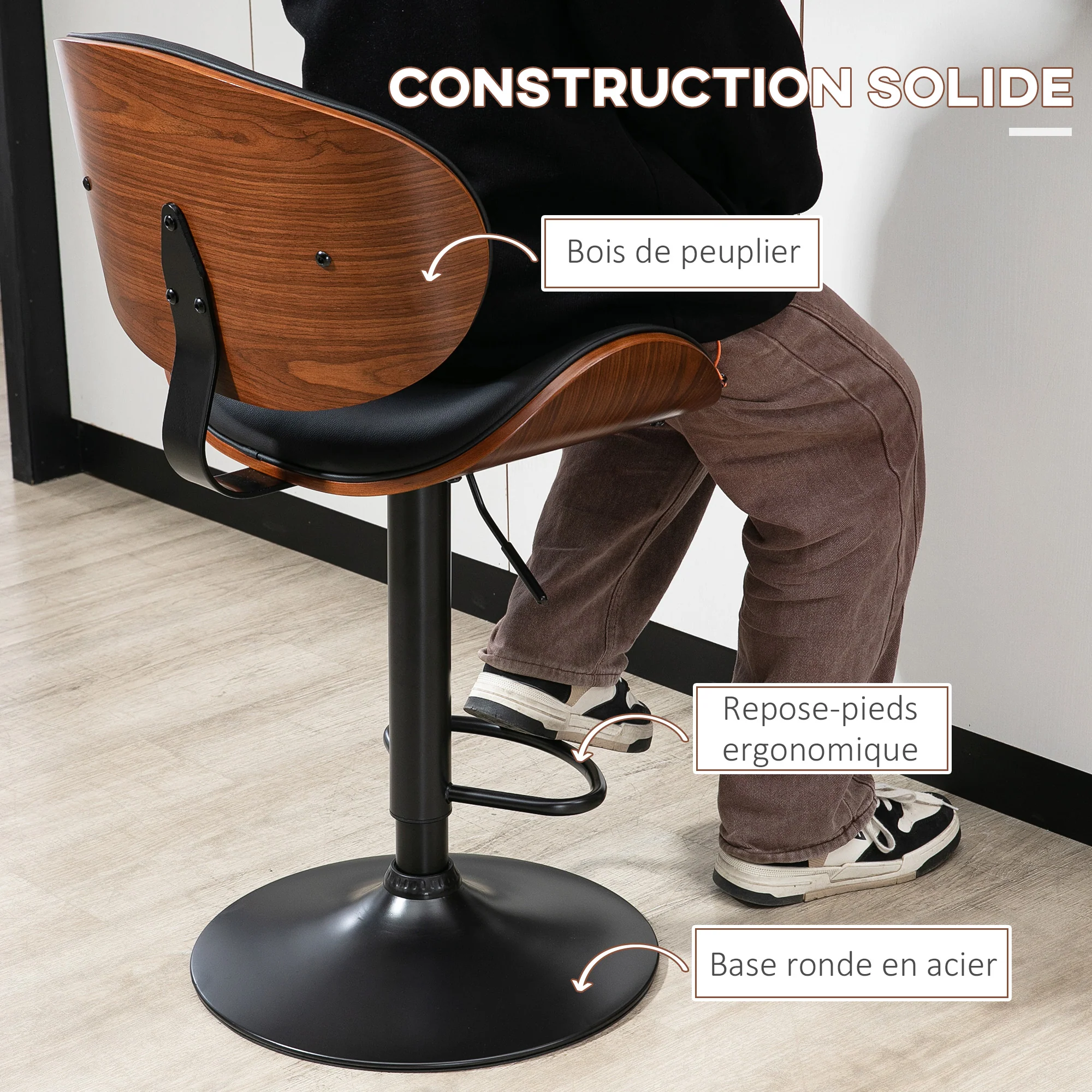Lot de 2 tabourets de bar chaise de cuisine avec dossier revêtement synthétique hauteur réglable pivotant repose-pied noir - Image 8