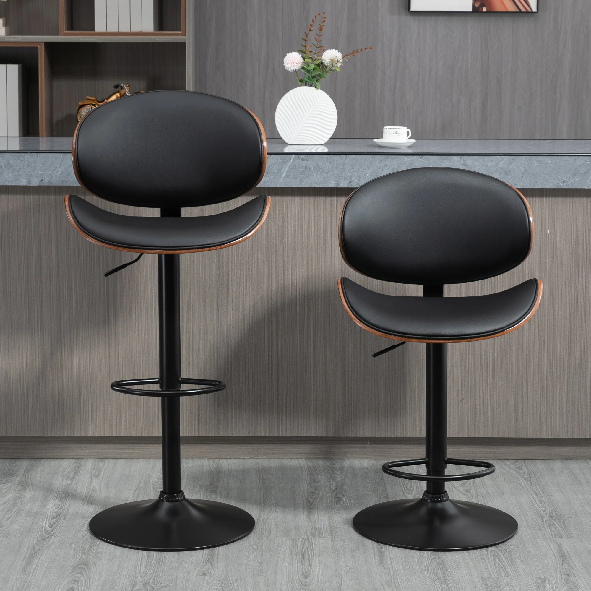 Lot de 2 tabourets de bar chaise de cuisine avec dossier revêtement synthétique hauteur réglable pivotant repose-pied noir - Image 9