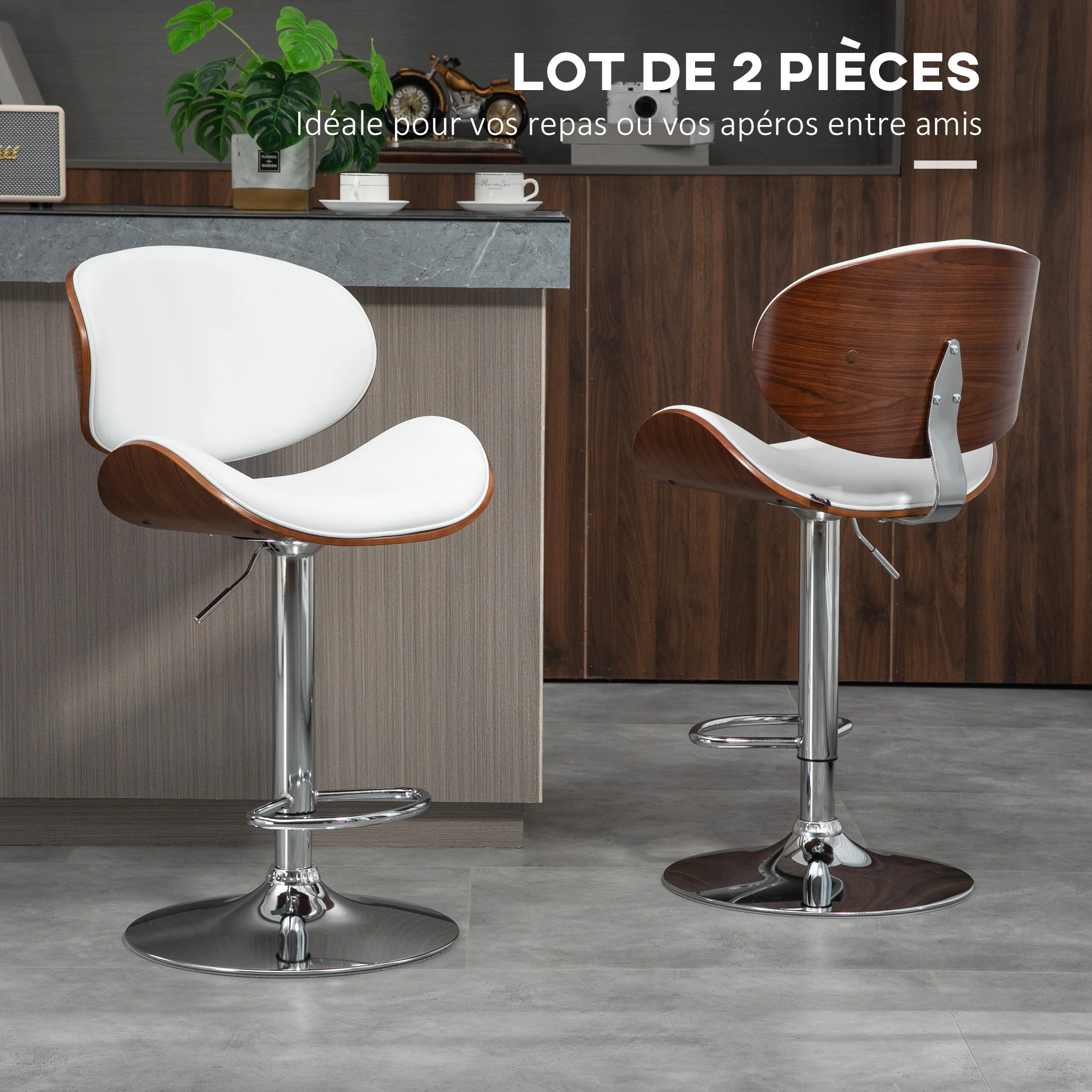 Lot de 2 tabourets de bar chaise de cuisine avec dossier revêtement synthétique hauteur réglable pivotant repose-pied blanc - Image 5