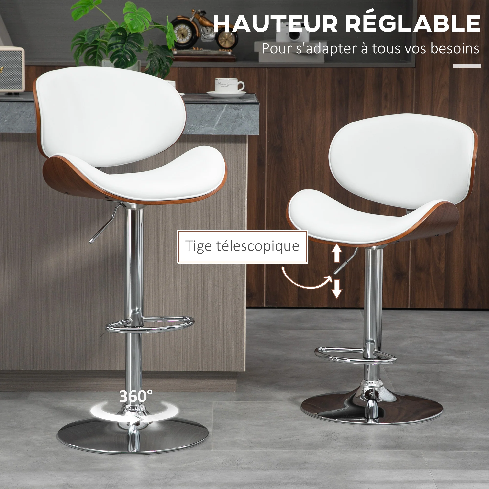 Lot de 2 tabourets de bar chaise de cuisine avec dossier revêtement synthétique hauteur réglable pivotant repose-pied blanc - Image 6