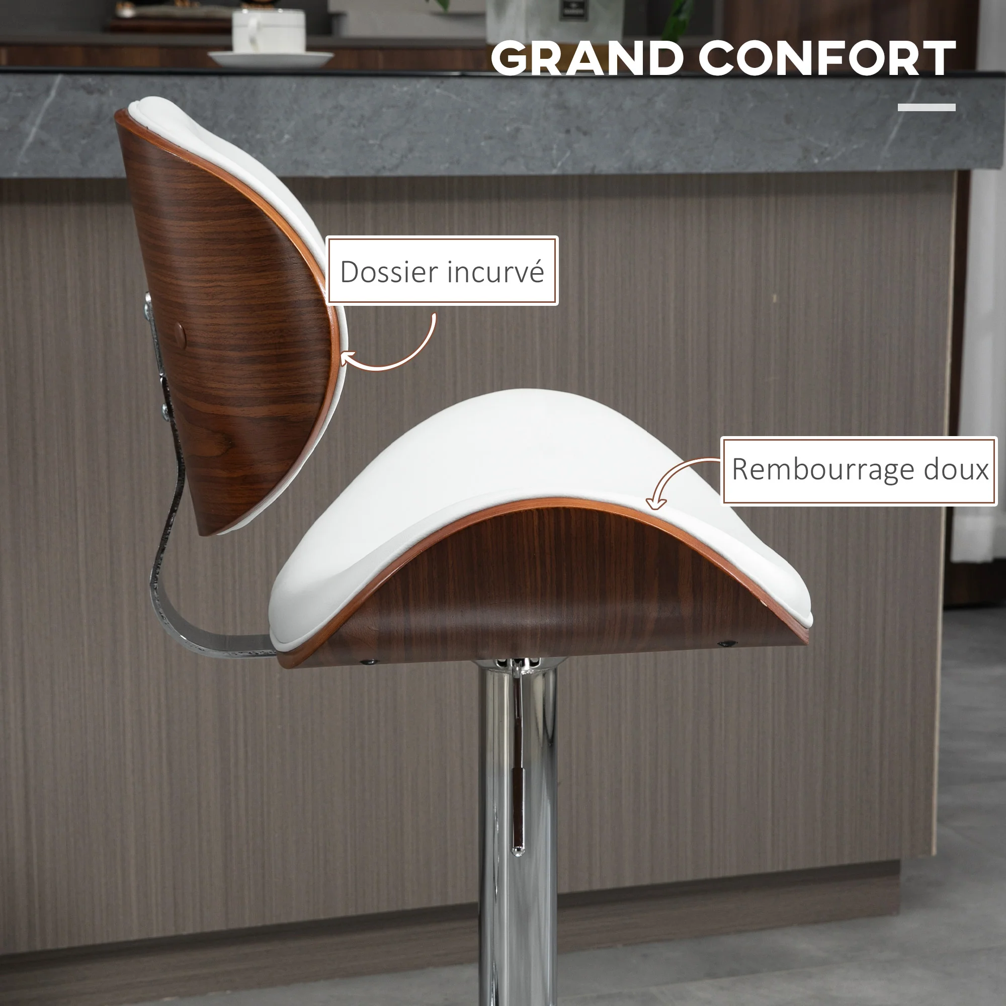 Lot de 2 tabourets de bar chaise de cuisine avec dossier revêtement synthétique hauteur réglable pivotant repose-pied blanc - Image 7