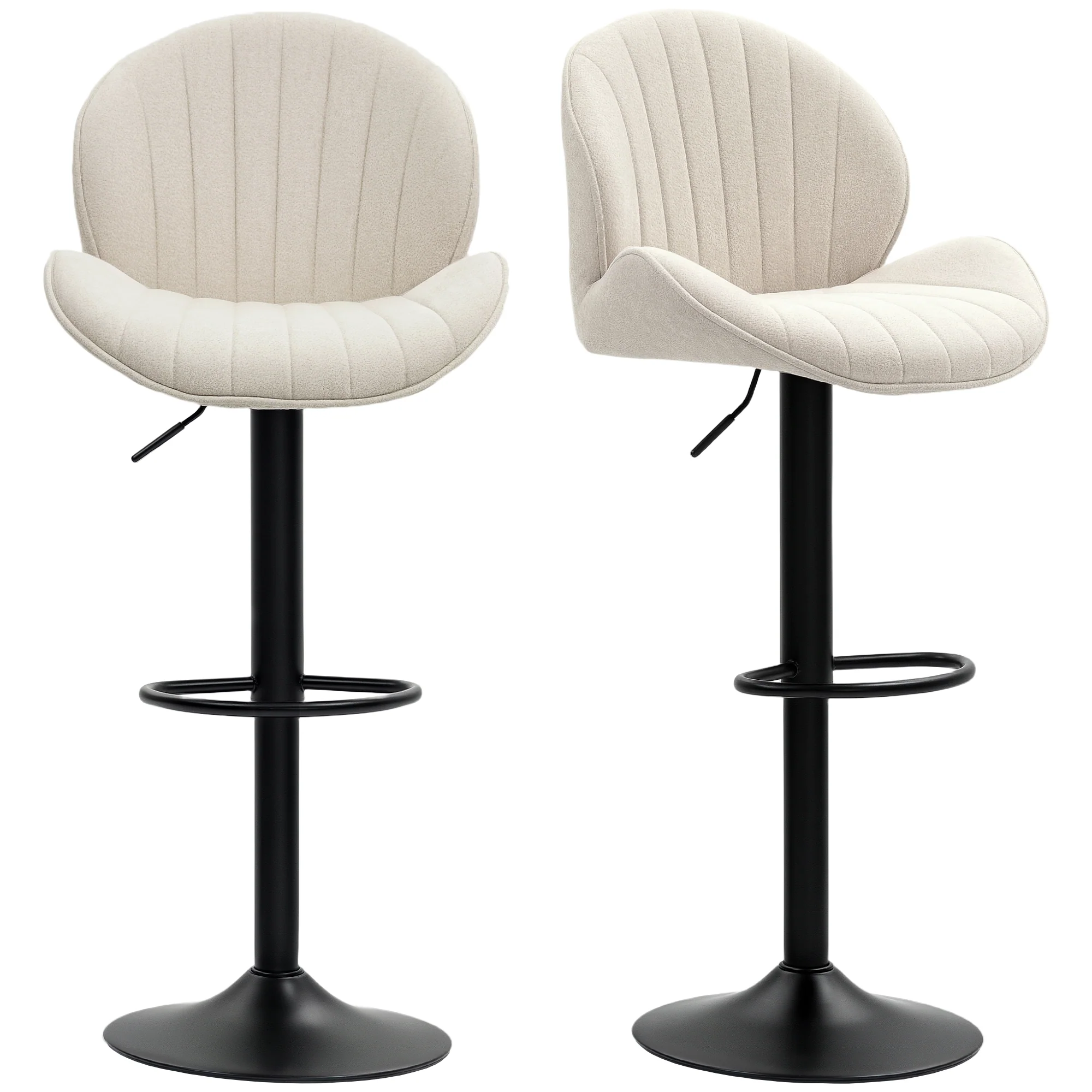 Lot de 2 tabourets de bar, chaises de bar pivotantes, forme de coquillage, chaise haute cuisine avec dossier, hauteur réglable et repose-pieds, cadre en acier, beige