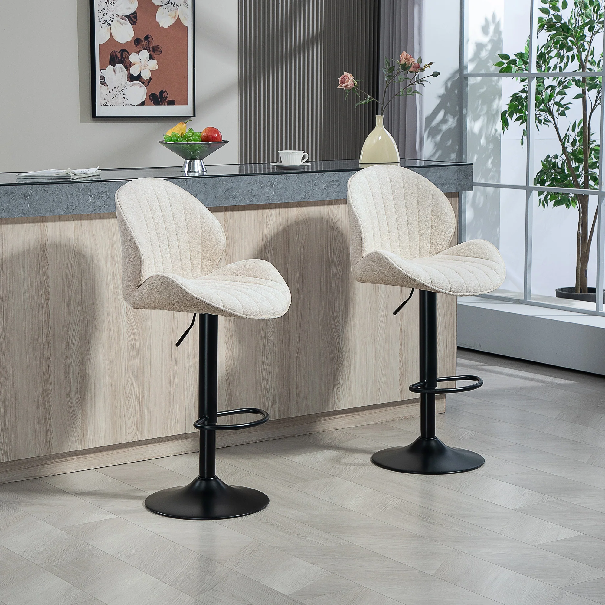 Lot de 2 tabourets de bar, chaises de bar pivotantes, forme de coquillage, chaise haute cuisine avec dossier, hauteur réglable et repose-pieds, cadre en acier, beige - Image 3
