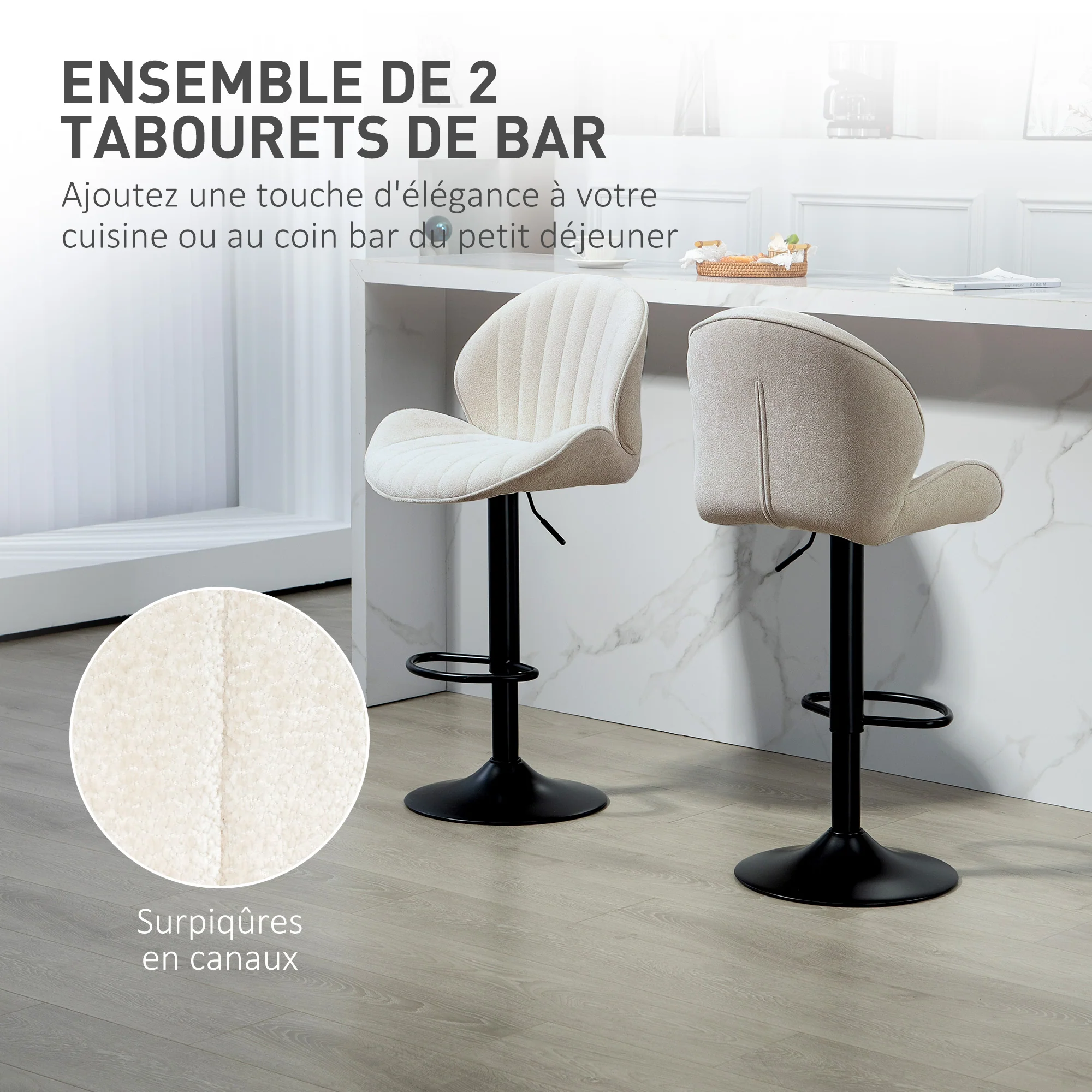 Lot de 2 tabourets de bar, chaises de bar pivotantes, forme de coquillage, chaise haute cuisine avec dossier, hauteur réglable et repose-pieds, cadre en acier, beige - Image 5