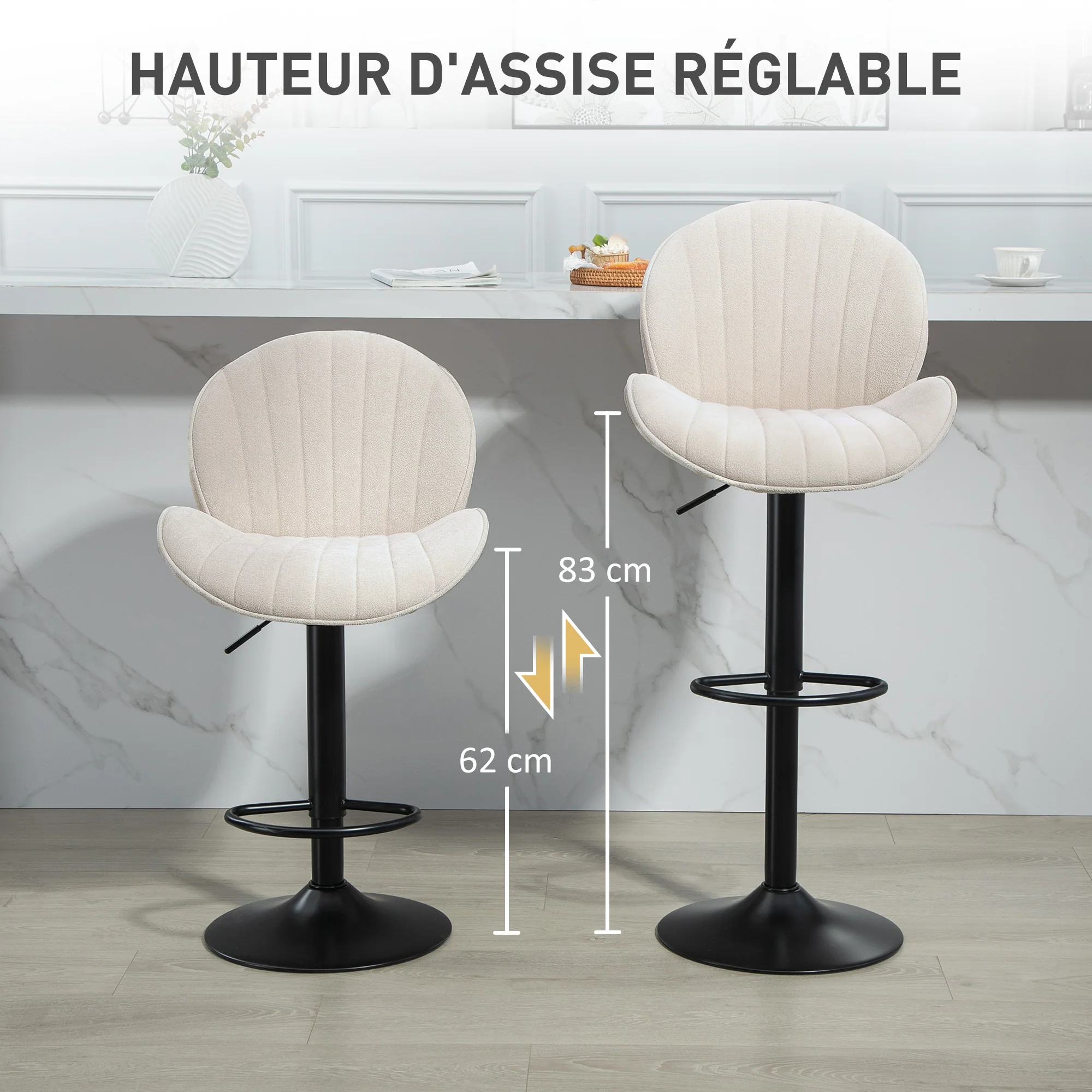Lot de 2 tabourets de bar, chaises de bar pivotantes, forme de coquillage, chaise haute cuisine avec dossier, hauteur réglable et repose-pieds, cadre en acier, beige - Image 6