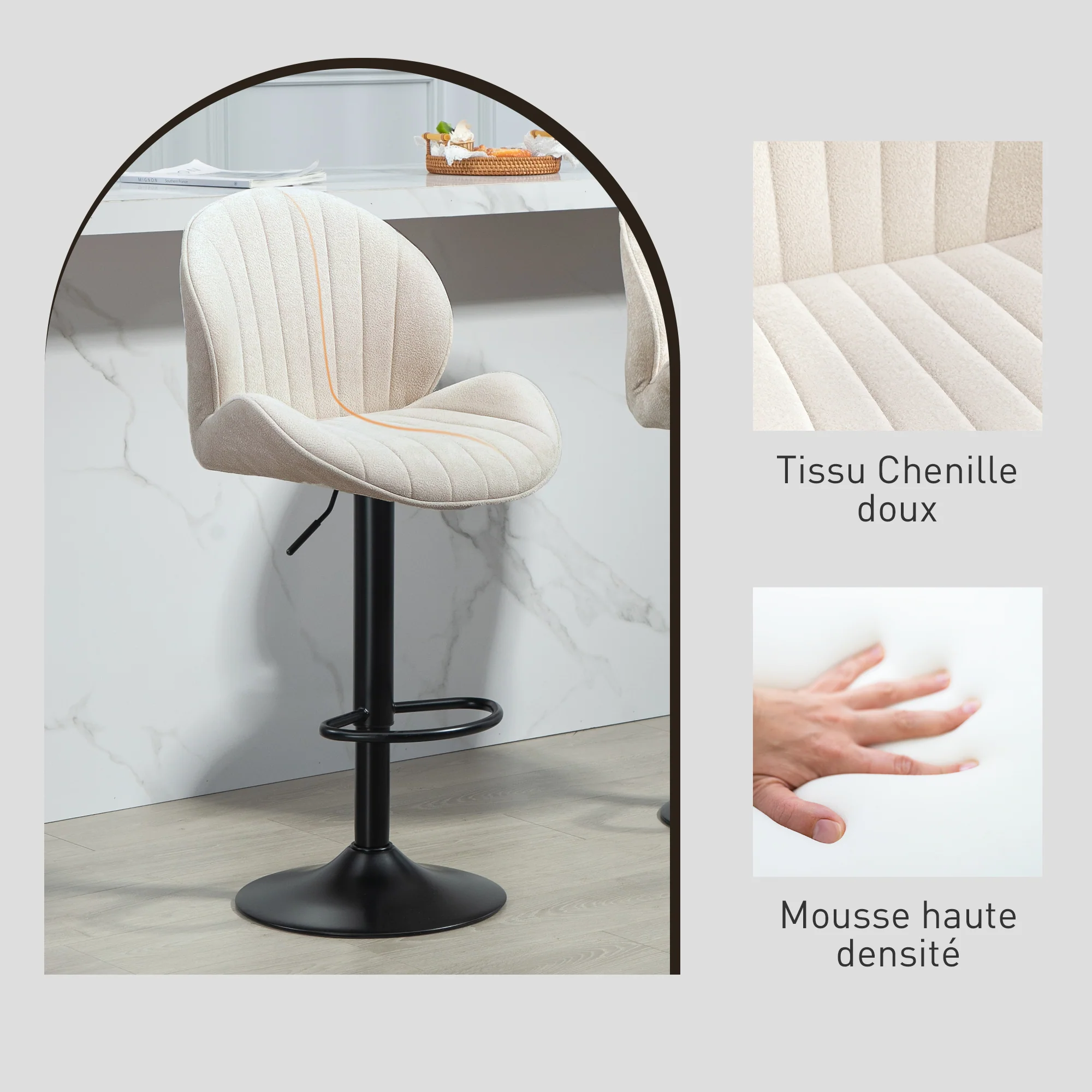 Lot de 2 tabourets de bar, chaises de bar pivotantes, forme de coquillage, chaise haute cuisine avec dossier, hauteur réglable et repose-pieds, cadre en acier, beige - Image 8