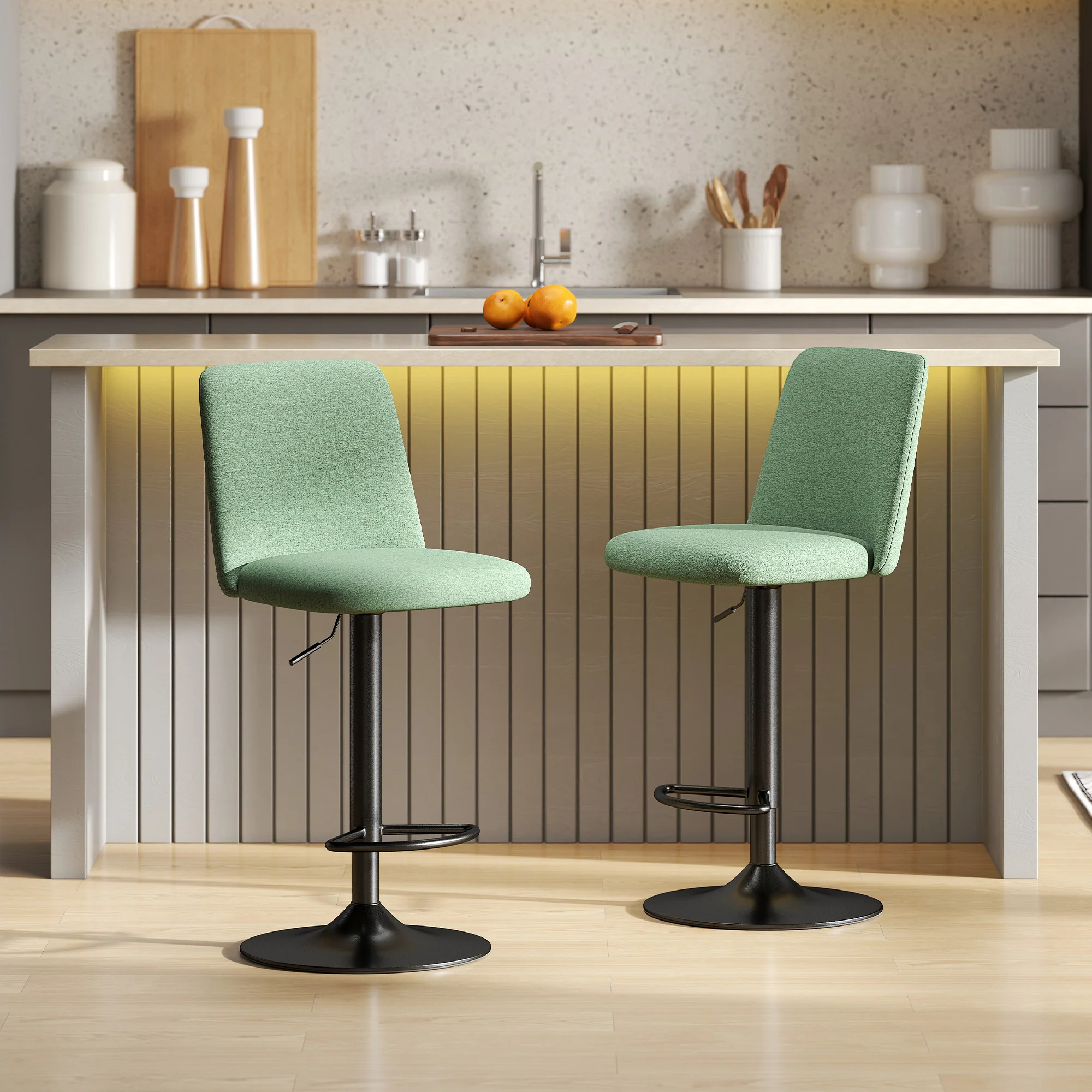 Lot de 2 tabourets de bar, chaises de bar pivotantes rembourrés à hauteur réglable, chaise haute cuisine avec dossier et repose-pieds, cadre en acier, vert - Image 3