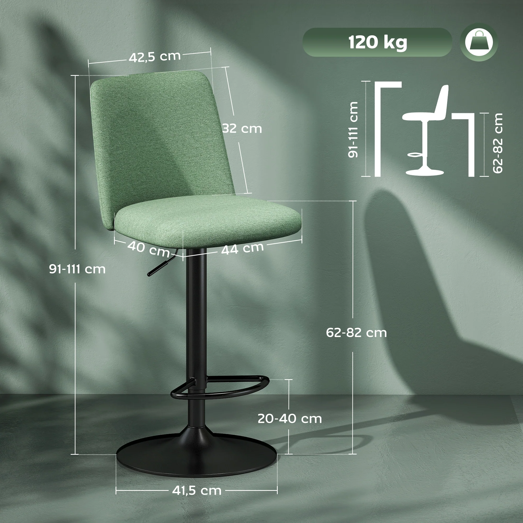 Lot de 2 tabourets de bar, chaises de bar pivotantes rembourrés à hauteur réglable, chaise haute cuisine avec dossier et repose-pieds, cadre en acier, vert - Image 4