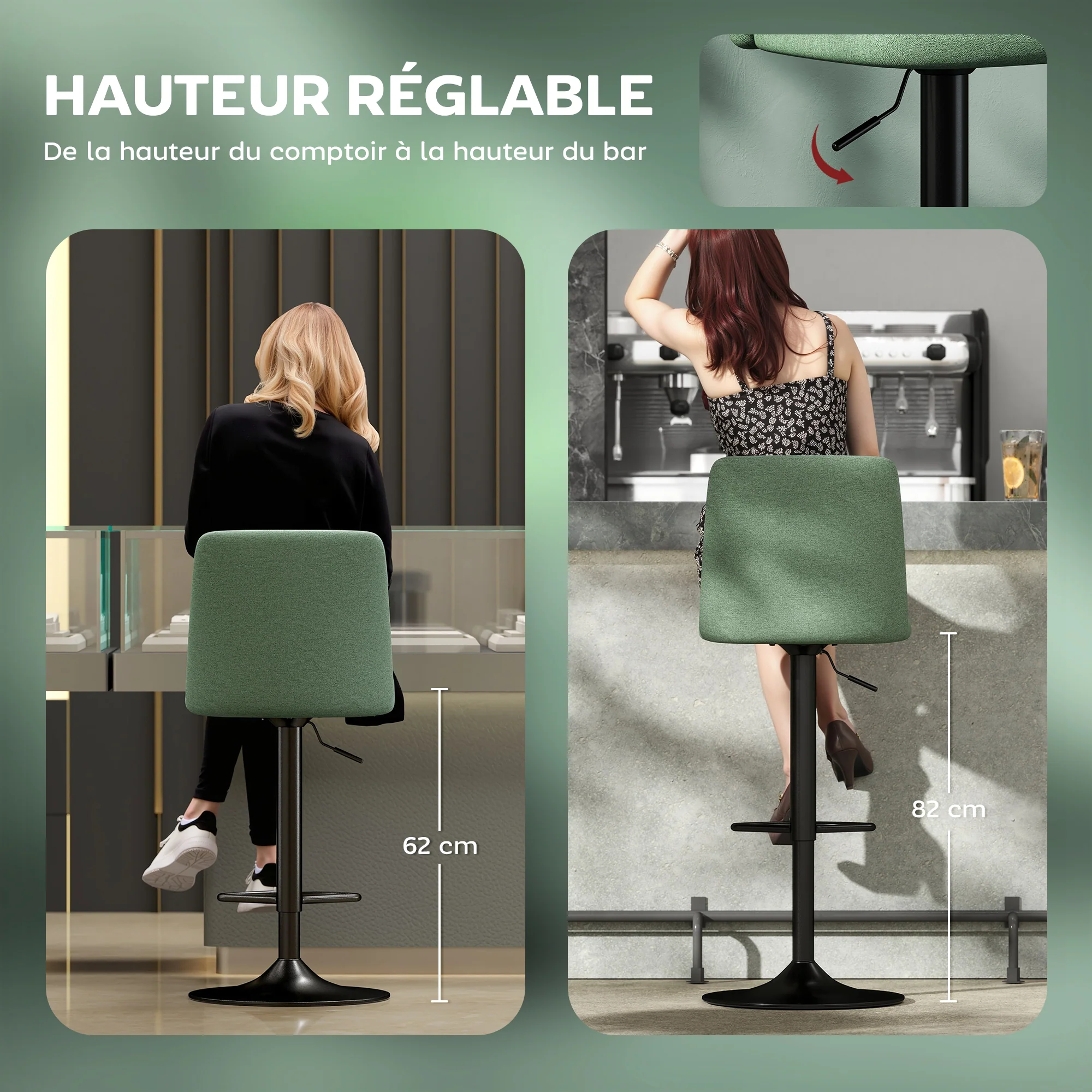 Lot de 2 tabourets de bar, chaises de bar pivotantes rembourrés à hauteur réglable, chaise haute cuisine avec dossier et repose-pieds, cadre en acier, vert - Image 6