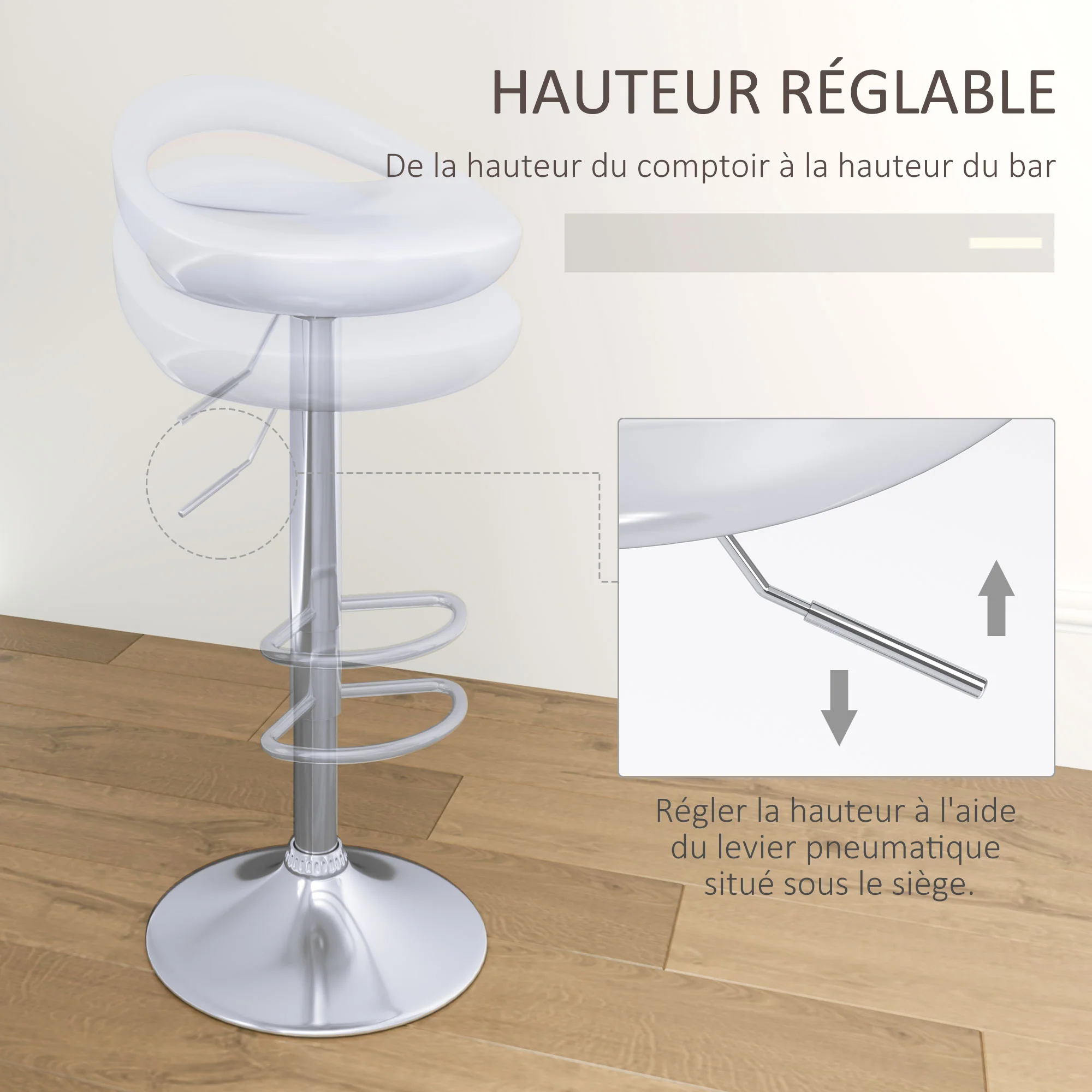Lot de 2 tabourets de bar, chaises de bar réglable en hauteur, chaise haute cuisine avec dossier et repose-pieds, pivotant à 360°, ABS et métal, pour salle à manger, comptoir, blanc - Image 5