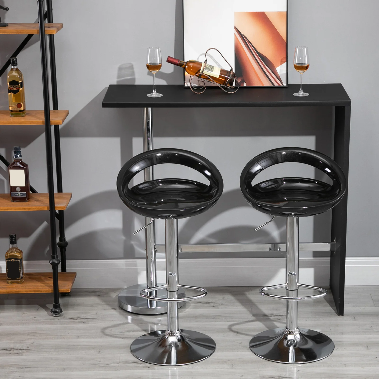 Lot de 2 tabourets de bar, chaises de bar réglable en hauteur, chaise haute cuisine avec dossier, repose-pieds, pivotant 360°, ABS et métal, pour salle à manger, comptoir, 46x41x76-96cm, noir - Image 3
