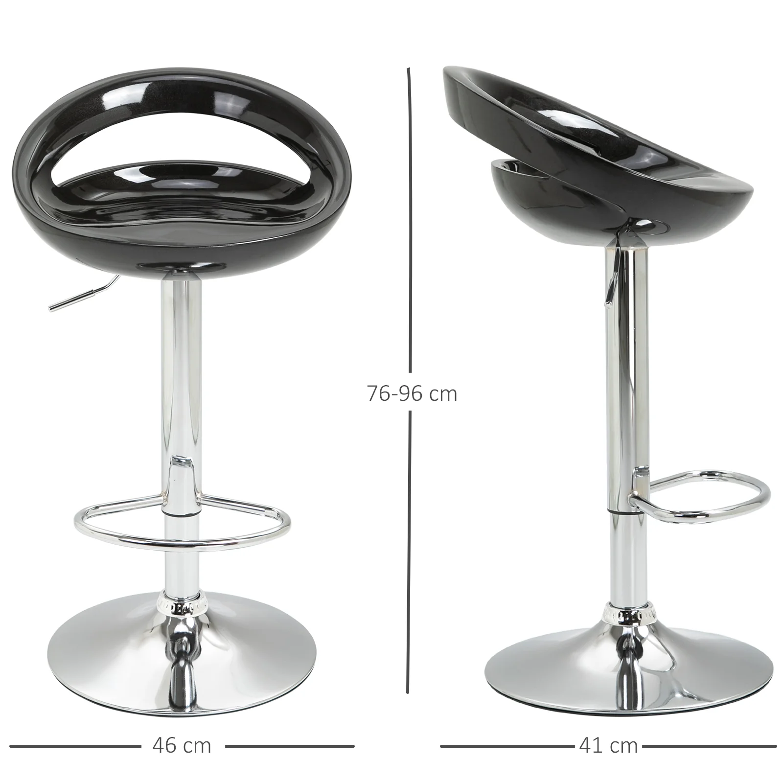 Lot de 2 tabourets de bar, chaises de bar réglable en hauteur, chaise haute cuisine avec dossier, repose-pieds, pivotant 360°, ABS et métal, pour salle à manger, comptoir, 46x41x76-96cm, noir - Image 4