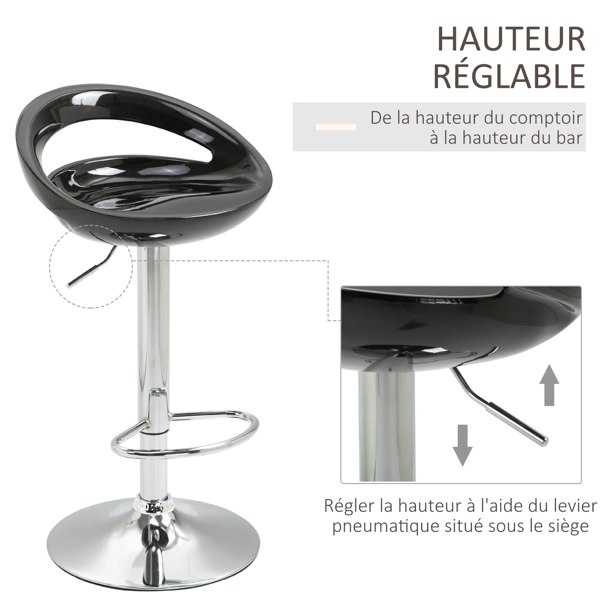 Lot de 2 tabourets de bar, chaises de bar réglable en hauteur, chaise haute cuisine avec dossier, repose-pieds, pivotant 360°, ABS et métal, pour salle à manger, comptoir, 46x41x76-96cm, noir - Image 5