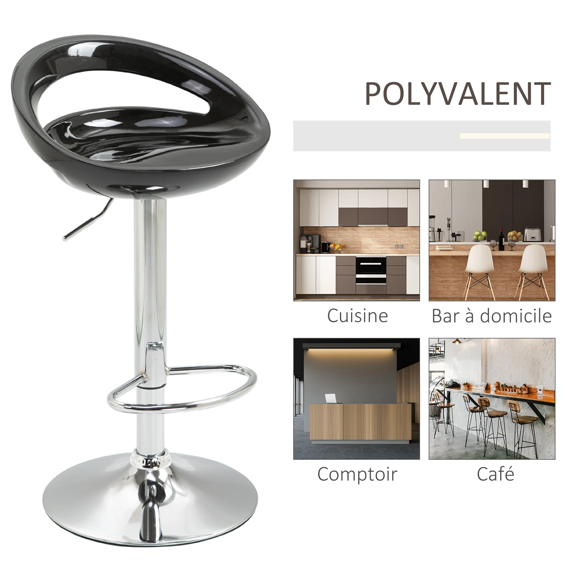 Lot de 2 tabourets de bar, chaises de bar réglable en hauteur, chaise haute cuisine avec dossier, repose-pieds, pivotant 360°, ABS et métal, pour salle à manger, comptoir, 46x41x76-96cm, noir - Image 8