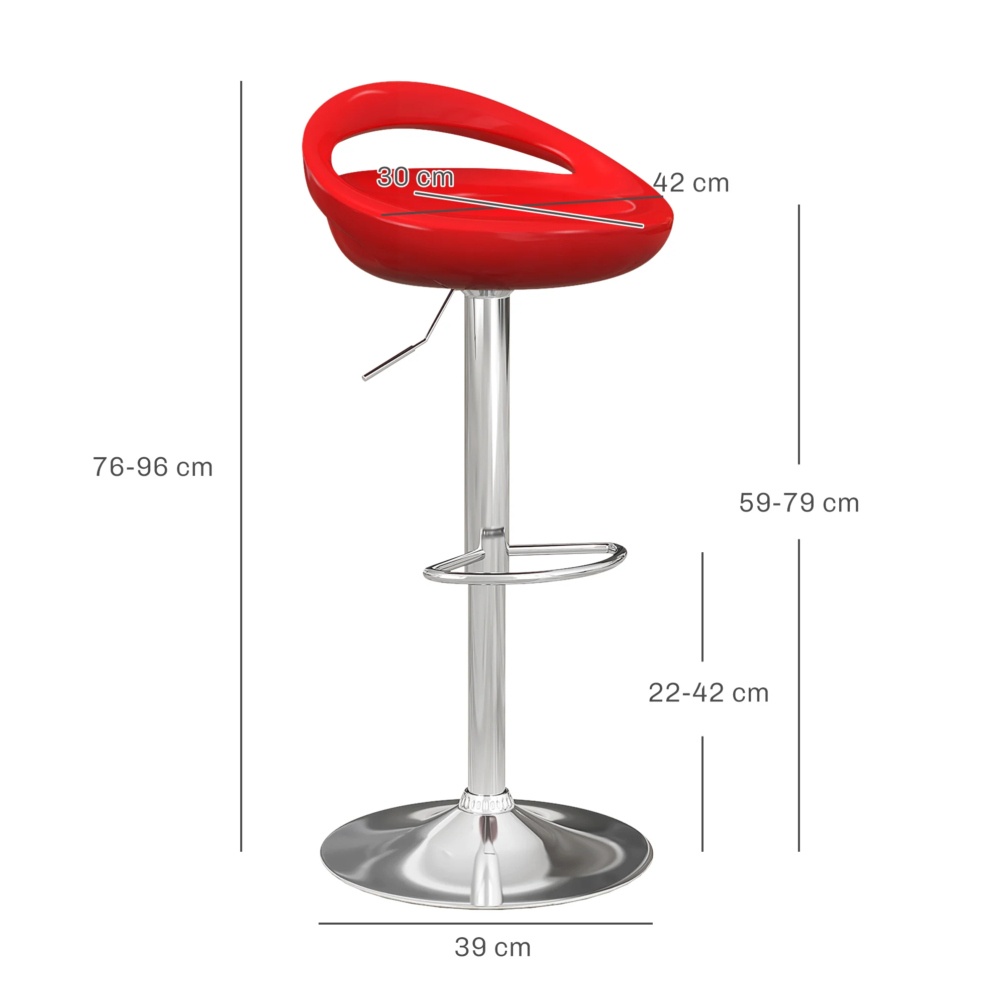 Lot de 2 tabourets de bar, chaises de bar réglable en hauteur, chaise haute cuisine avec dossier, repose-pieds, pivotant 360°, ABS et métal, pour salle à manger, comptoir, 46x41x76-96cm, rouge - Image 4
