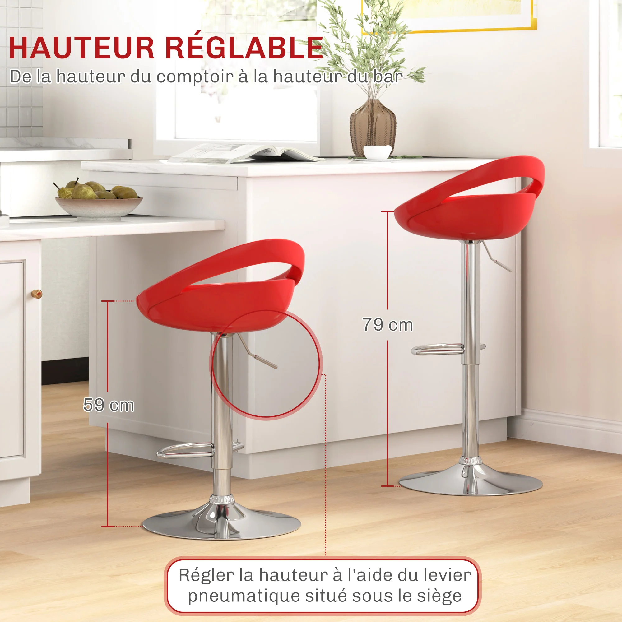 Lot de 2 tabourets de bar, chaises de bar réglable en hauteur, chaise haute cuisine avec dossier, repose-pieds, pivotant 360°, ABS et métal, pour salle à manger, comptoir, 46x41x76-96cm, rouge - Image 5