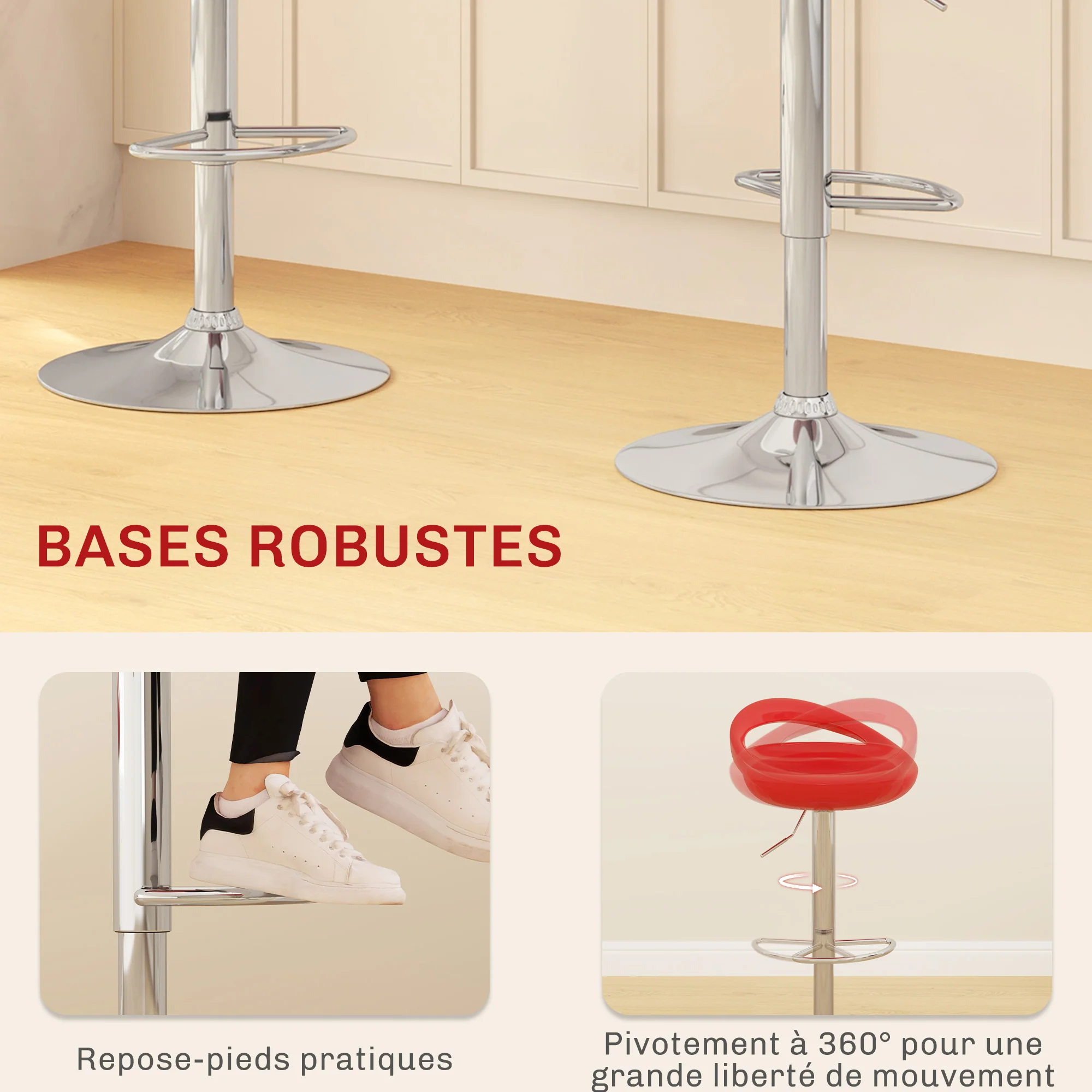 Lot de 2 tabourets de bar, chaises de bar réglable en hauteur, chaise haute cuisine avec dossier, repose-pieds, pivotant 360°, ABS et métal, pour salle à manger, comptoir, 46x41x76-96cm, rouge - Image 6