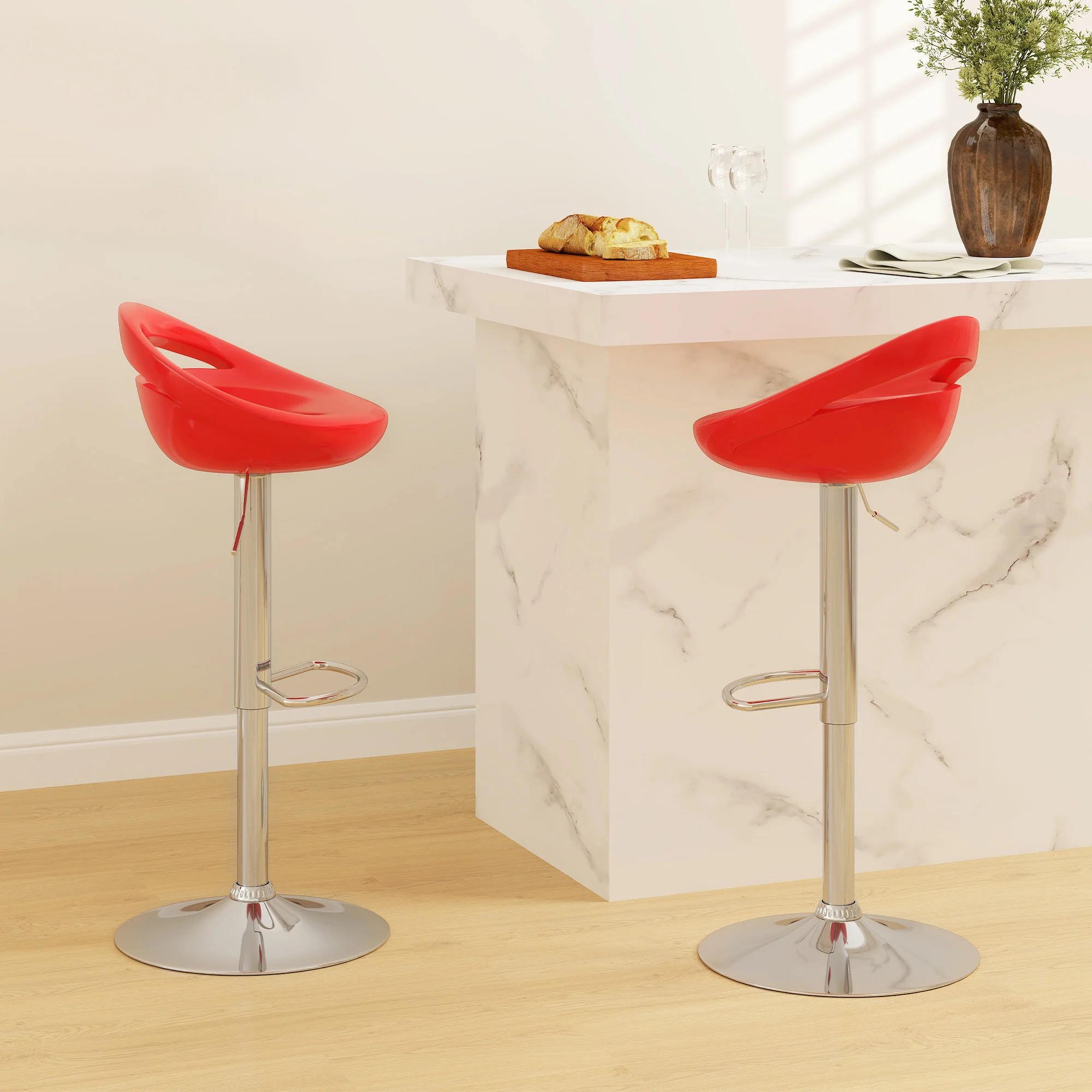 Lot de 2 tabourets de bar, chaises de bar réglable en hauteur, chaise haute cuisine avec dossier, repose-pieds, pivotant 360°, ABS et métal, pour salle à manger, comptoir, 46x41x76-96cm, rouge - Image 8