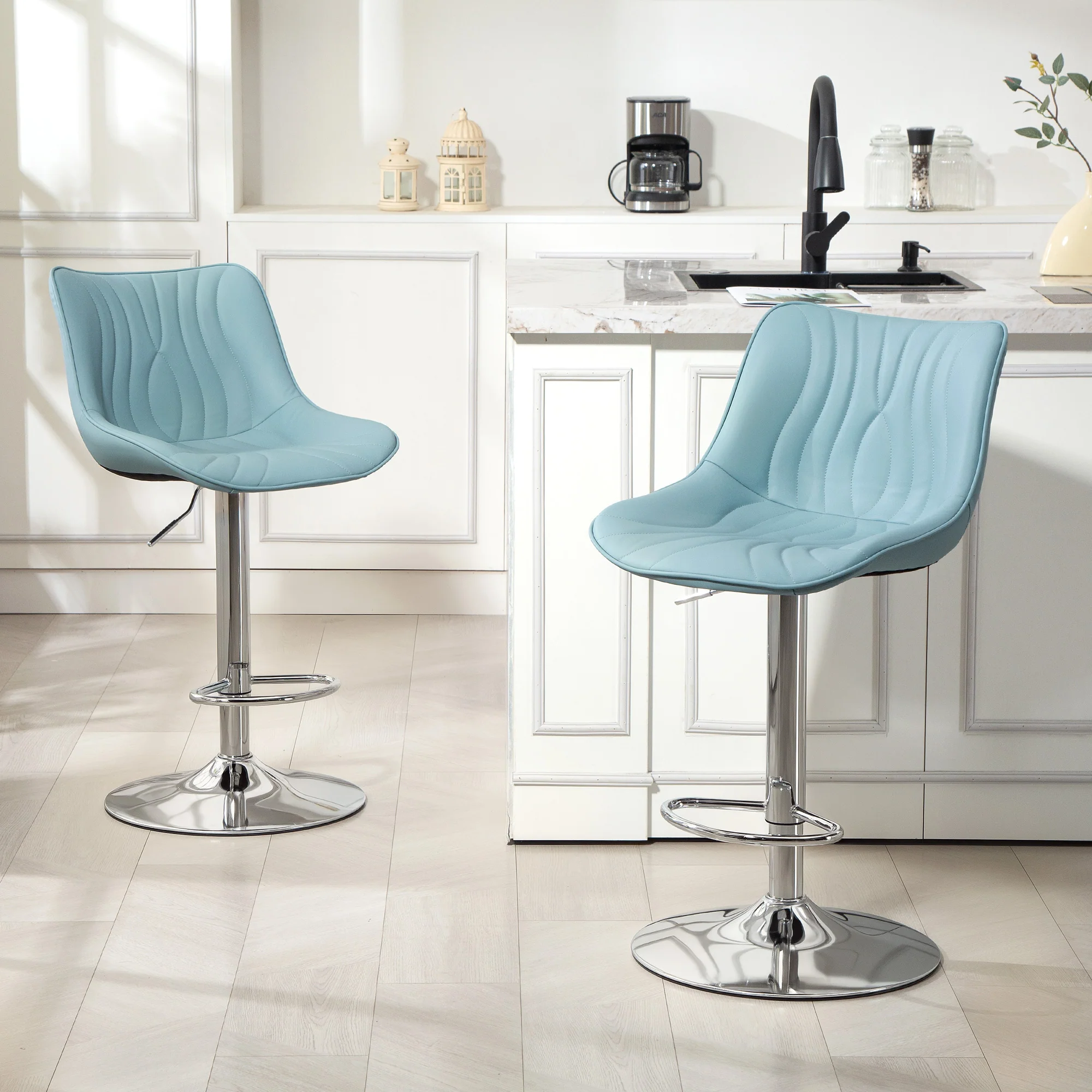 Lot de 2 tabourets de bar, chaises de bar, structure en acier, hauteur réglable 92-110 cm, chaises hautes avec dossier et repose-pieds, design moderne, siège en polyuréthane, bleu foncé - Image 3