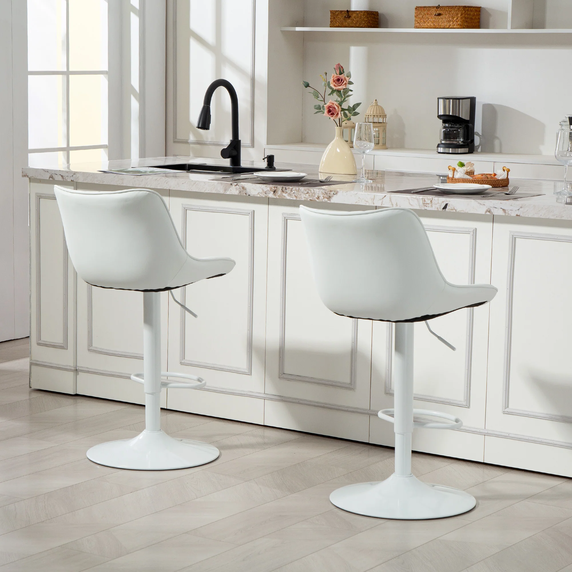 Lot de 2 tabourets de bar, chaises de bar, structure en acier, hauteur réglable 92-110 cm, chaises hautes avec dossier et repose-pieds, design moderne, siège en polyuréthane, blanc - Image 10