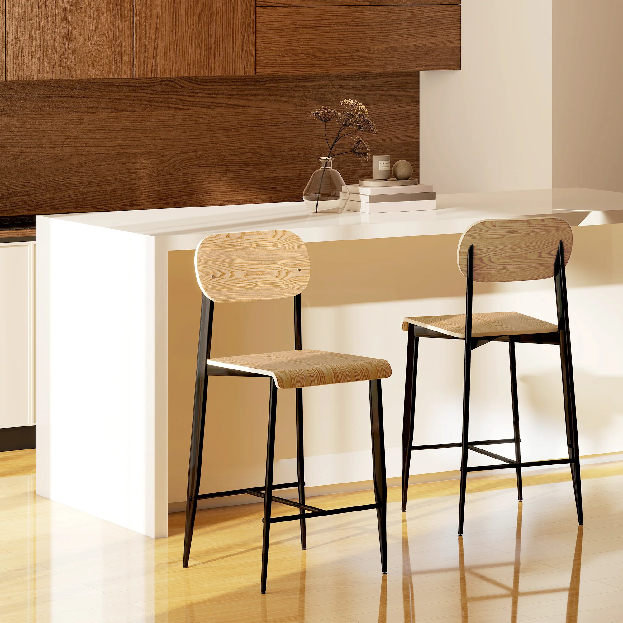 Lot de 2 tabourets de bar, chaises de bar, tabourets de cuisine hauts 65H cm avec dossier, structure en acier, effet bois naturel - Image 10