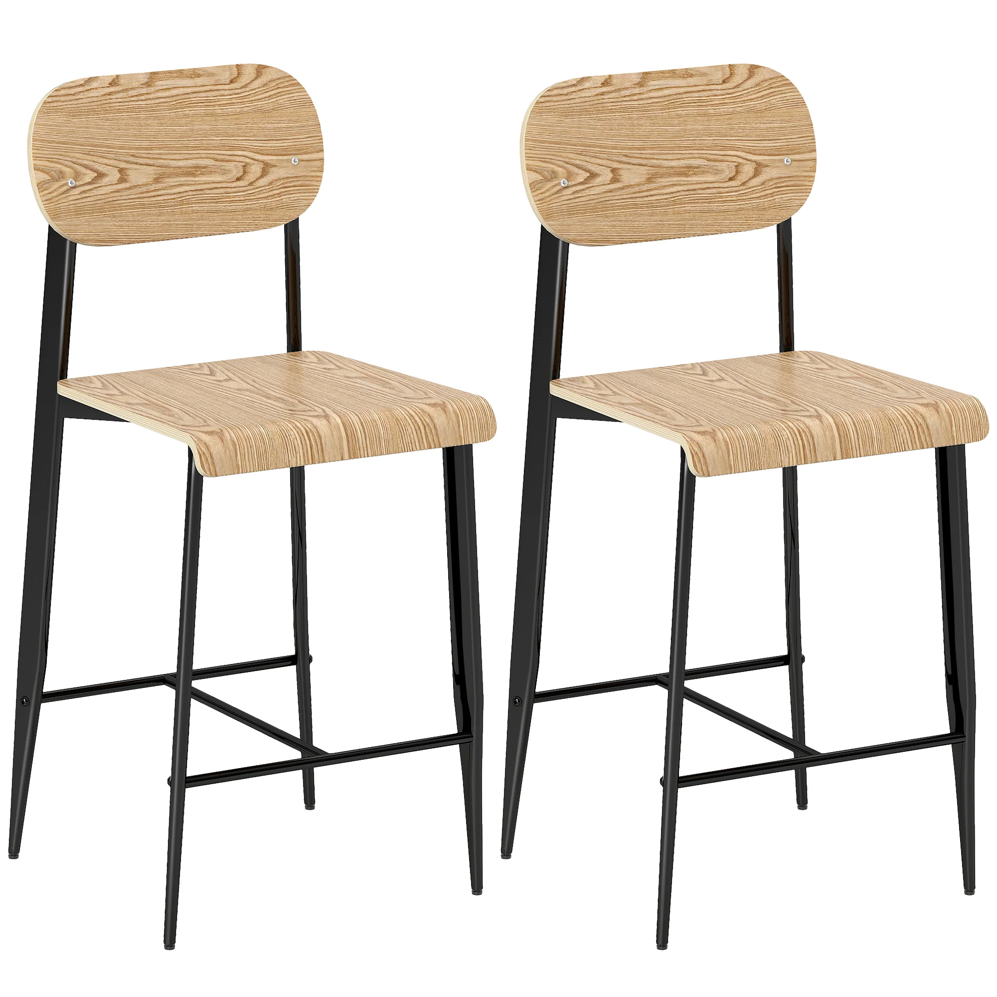 Lot de 2 tabourets de bar, chaises de bar, tabourets de cuisine hauts 65H cm avec dossier, structure en acier, effet bois naturel - Image 11