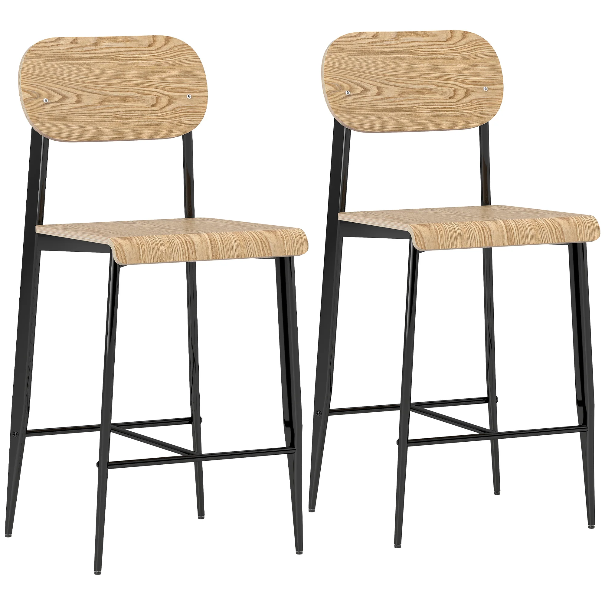 Lot de 2 tabourets de bar, chaises de bar, tabourets de cuisine hauts 65H cm avec dossier, structure en acier, effet bois naturel - Image 2
