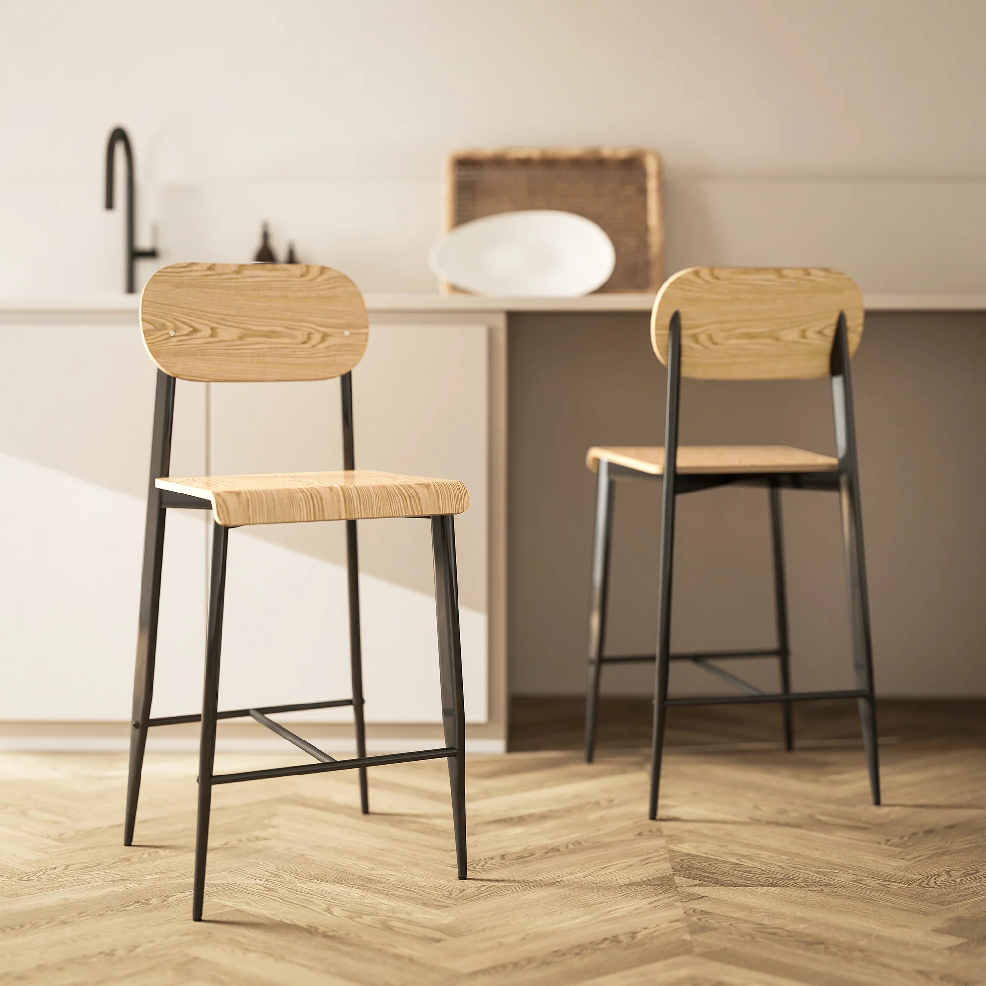 Lot de 2 tabourets de bar, chaises de bar, tabourets de cuisine hauts 65H cm avec dossier, structure en acier, effet bois naturel - Image 3