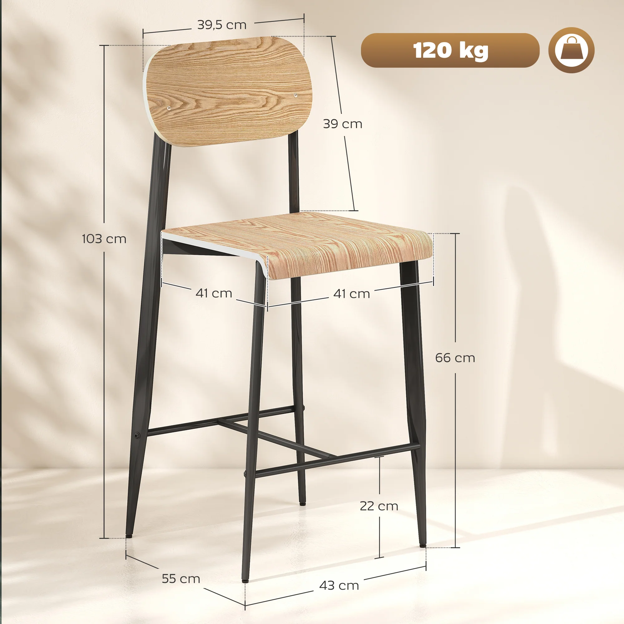 Lot de 2 tabourets de bar, chaises de bar, tabourets de cuisine hauts 65H cm avec dossier, structure en acier, effet bois naturel - Image 4