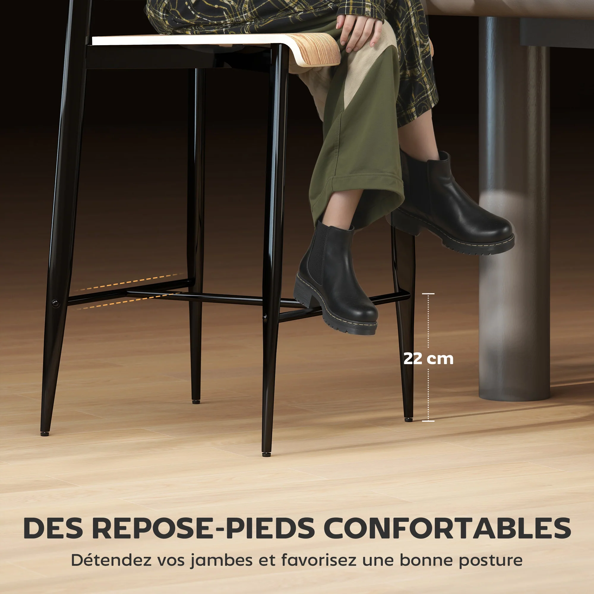 Lot de 2 tabourets de bar, chaises de bar, tabourets de cuisine hauts 65H cm avec dossier, structure en acier, effet bois naturel - Image 5