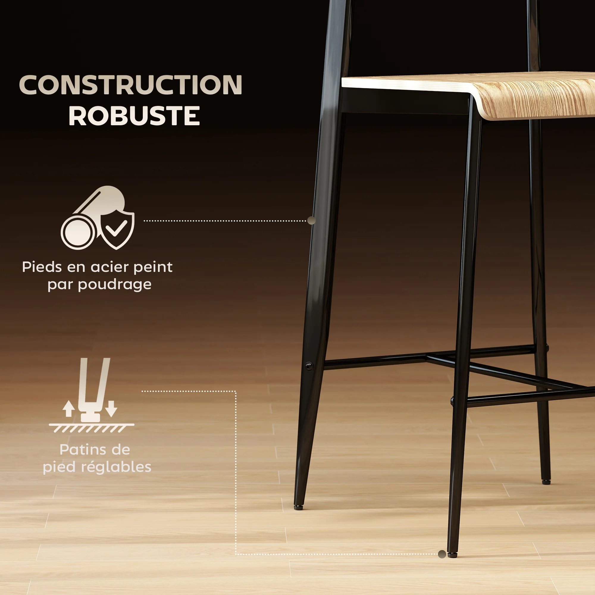 Lot de 2 tabourets de bar, chaises de bar, tabourets de cuisine hauts 65H cm avec dossier, structure en acier, effet bois naturel - Image 6