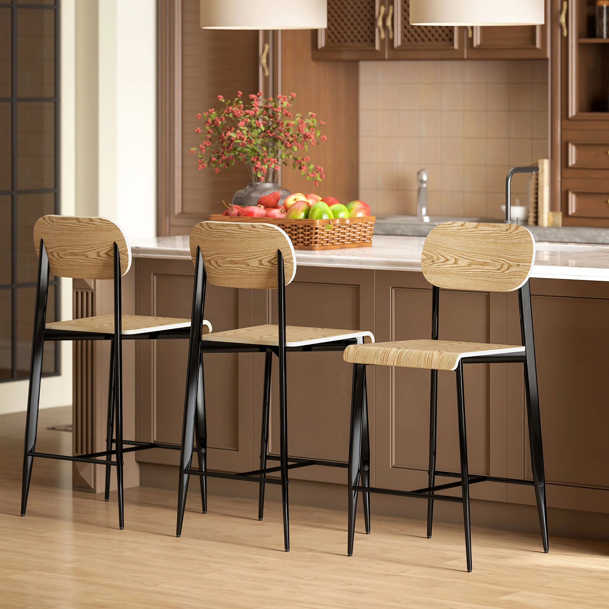 Lot de 2 tabourets de bar, chaises de bar, tabourets de cuisine hauts 65H cm avec dossier, structure en acier, effet bois naturel - Image 7