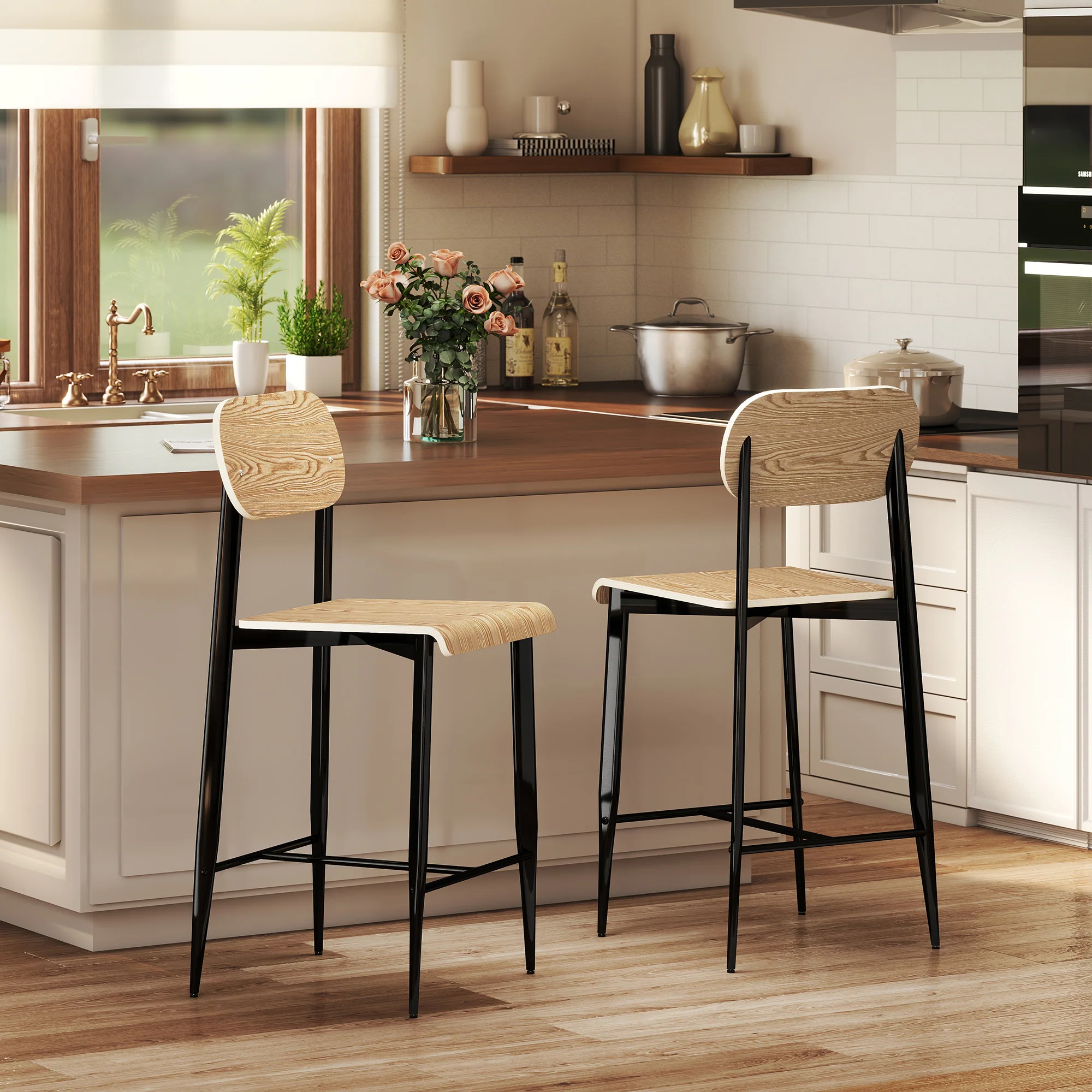 Lot de 2 tabourets de bar, chaises de bar, tabourets de cuisine hauts 65H cm avec dossier, structure en acier, effet bois naturel - Image 9