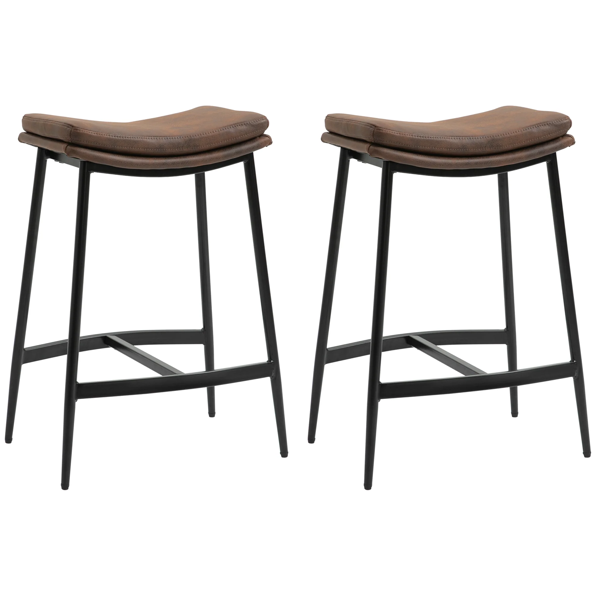 Lot de 2 tabourets de bar chaises hautes avec repose-pieds acier - style industriel - assise incurvée - 48,5 x 38,5 x 68,5 cm marron noir - Image 2
