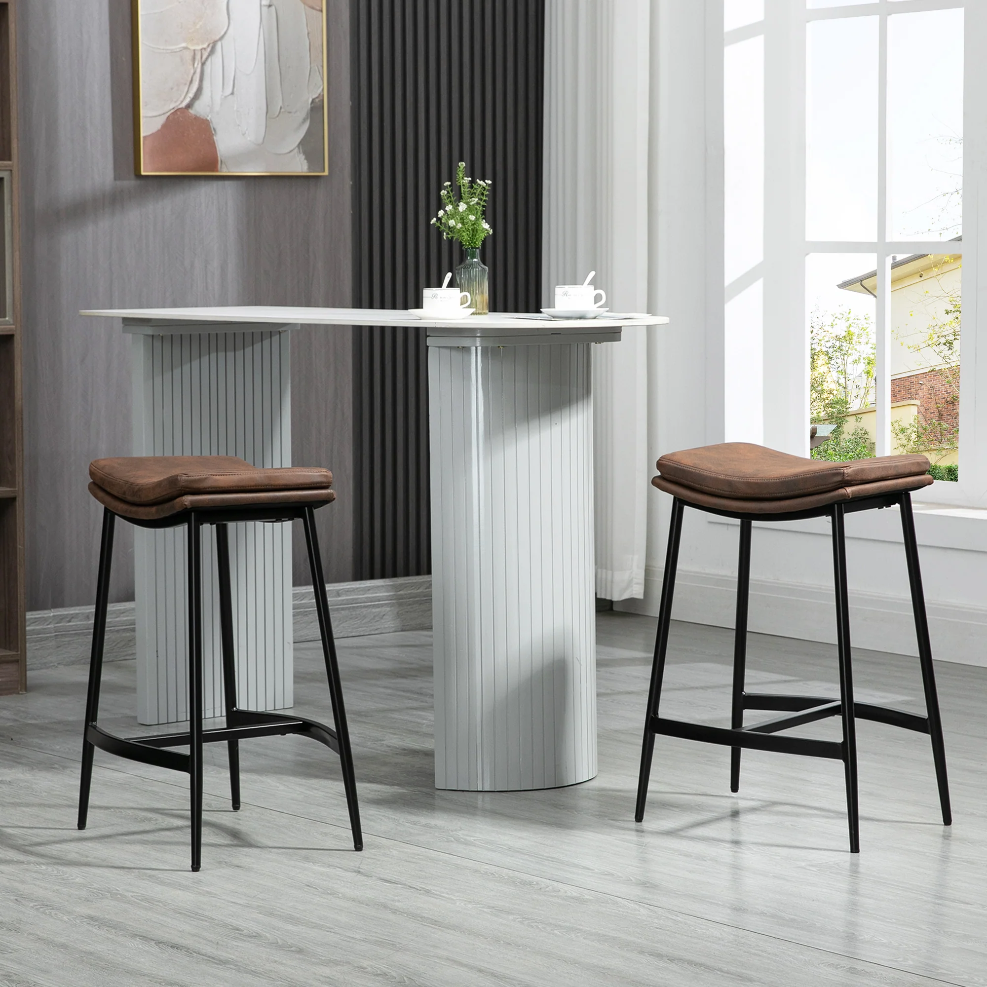 Lot de 2 tabourets de bar chaises hautes avec repose-pieds acier - style industriel - assise incurvée - 48,5 x 38,5 x 68,5 cm marron noir - Image 3