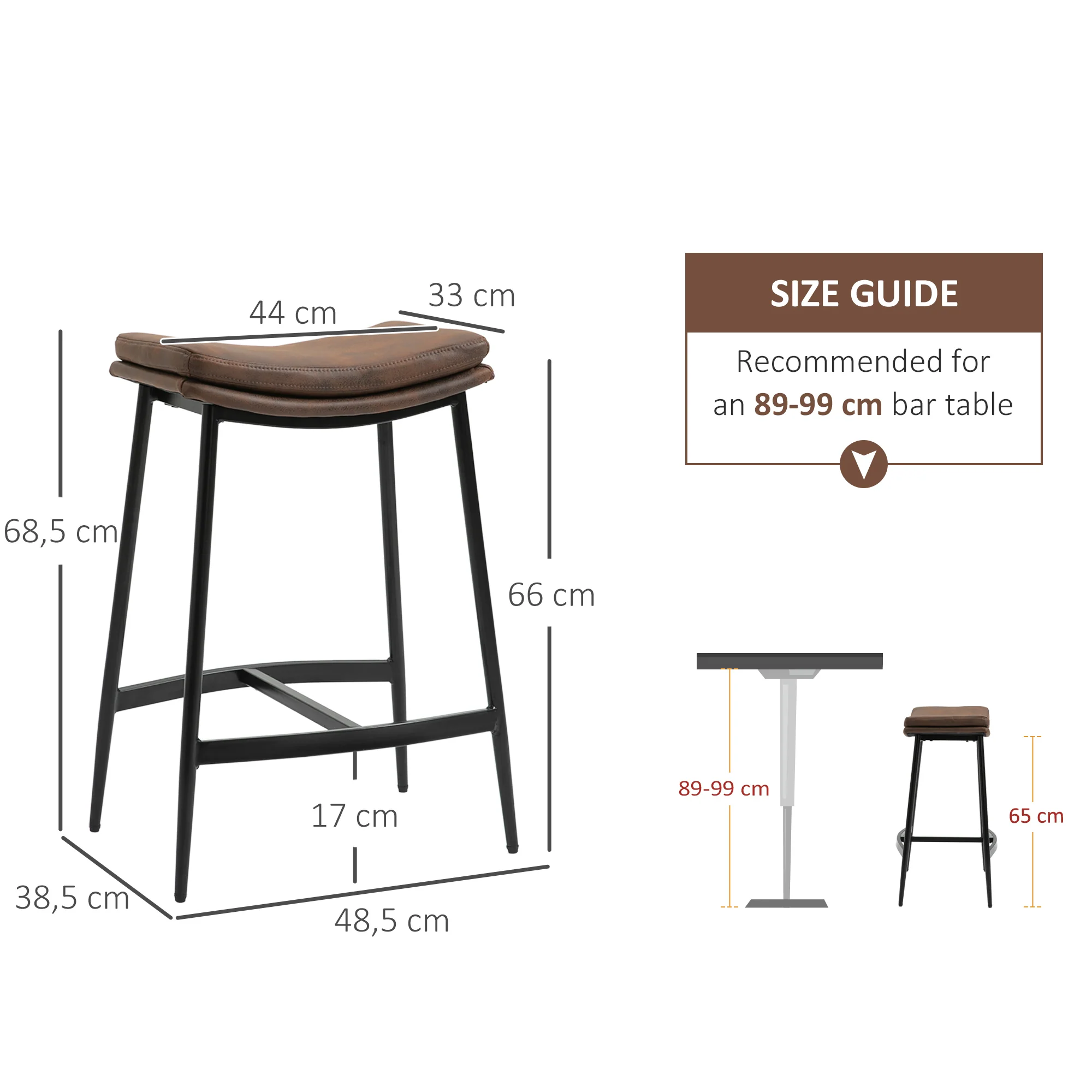 Lot de 2 tabourets de bar chaises hautes avec repose-pieds acier - style industriel - assise incurvée - 48,5 x 38,5 x 68,5 cm marron noir - Image 4