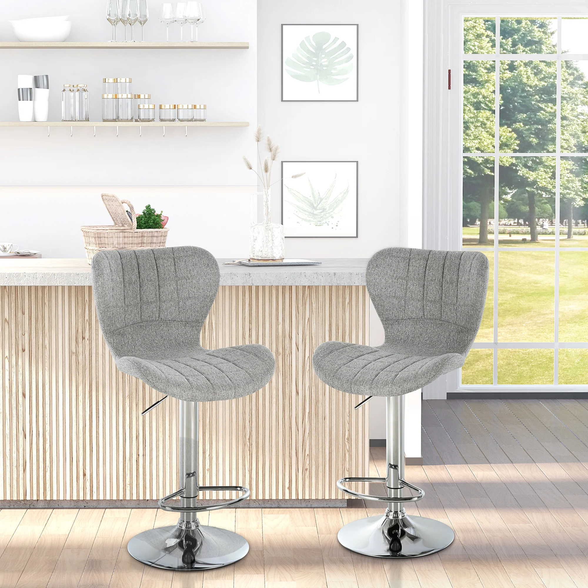 Lot de 2 Tabourets de Bar Design Contemporain Hauteur d'assise réglable 59-81 cm pivotant 360° Lin Gris - Image 3