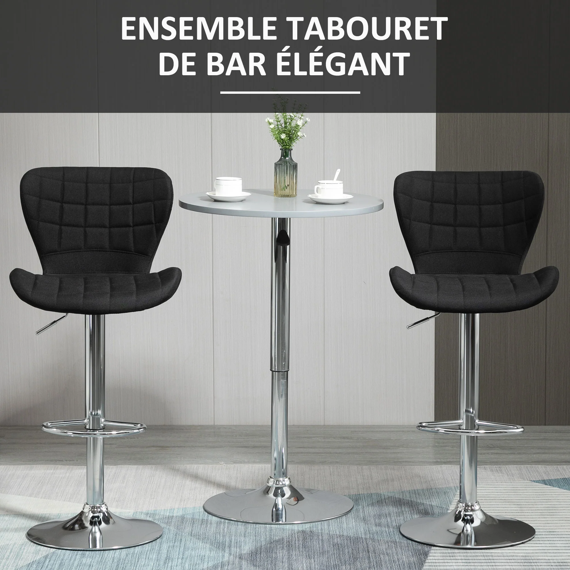 Lot de 2 Tabourets de Bar Design Contemporain Hauteur d'assise réglable 59-81 cm pivotant 360° Lin Noir - Image 5