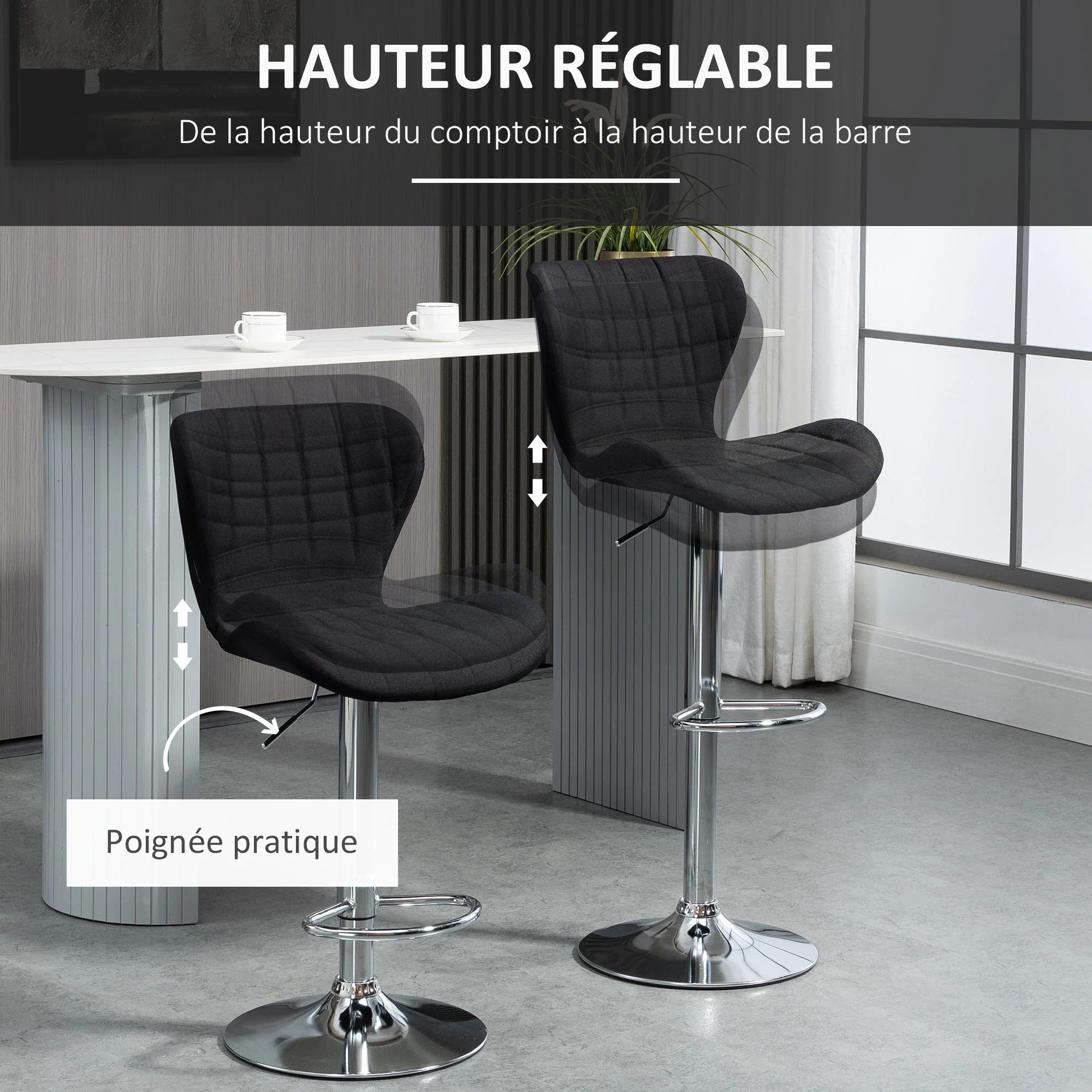 Lot de 2 Tabourets de Bar Design Contemporain Hauteur d'assise réglable 59-81 cm pivotant 360° Lin Noir - Image 6
