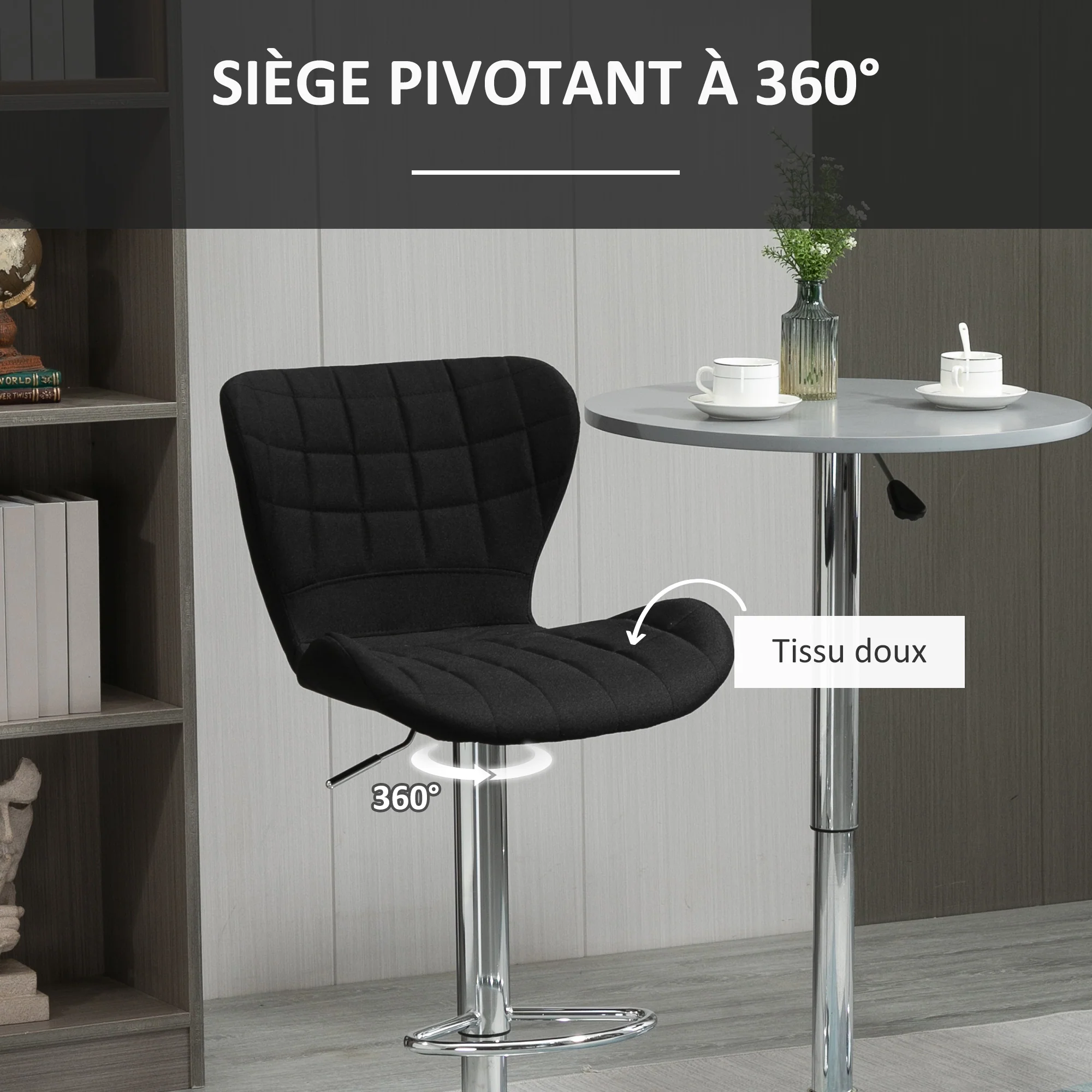 Lot de 2 Tabourets de Bar Design Contemporain Hauteur d'assise réglable 59-81 cm pivotant 360° Lin Noir - Image 7